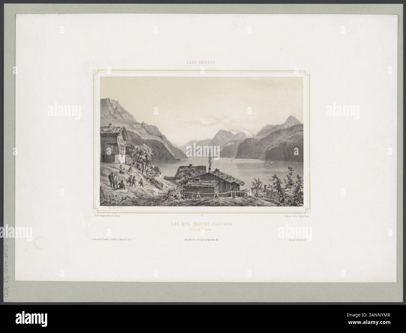Questa litografia dal 1845 al 1846 circa presenta una vista sul lago dei quattro Cantoni, in particolare sul Golfo di Brunnen, creato da Nicolas-Marie-Joseph Chapuy, Adolphe Jean-Baptiste Bayot e litografo ad. Cuvillier. Pubblicata a Londra e Parigi, la stampa cattura la serena bellezza del paesaggio svizzero. Foto Stock
