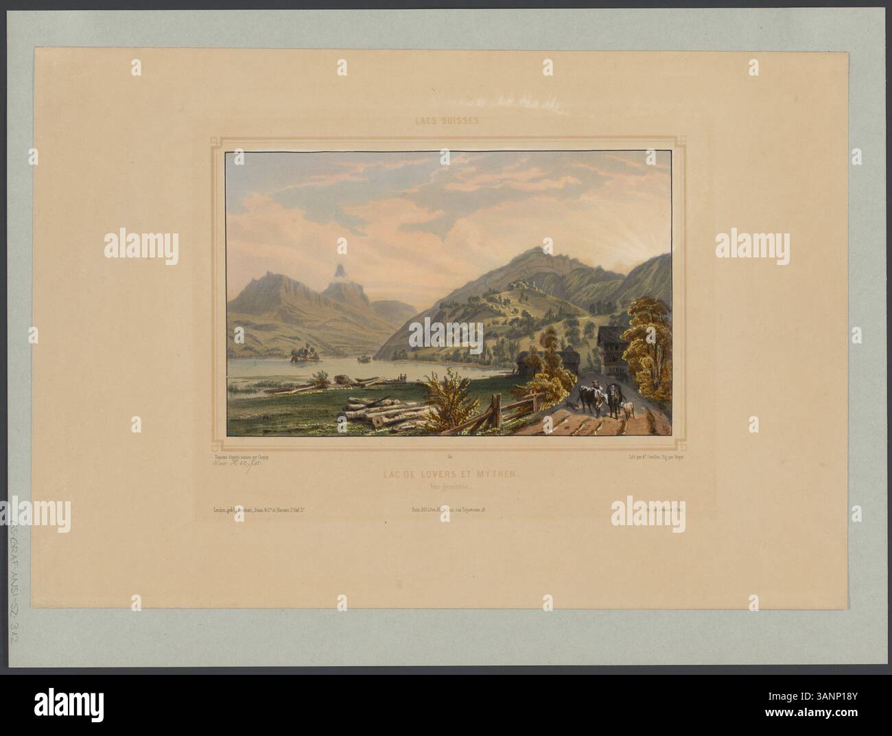 Litografia dal 1845 al 1846 di Nicolas-Marie-Joseph Chapuy, raffigurante il lago degli amanti e le vette di Mythen in Svizzera. Questa stampa fa parte della collezione "Lacs Suisses", che offre una vista mozzafiato di questi famosi monumenti svizzeri, mostrando la loro bellezza naturale. Foto Stock