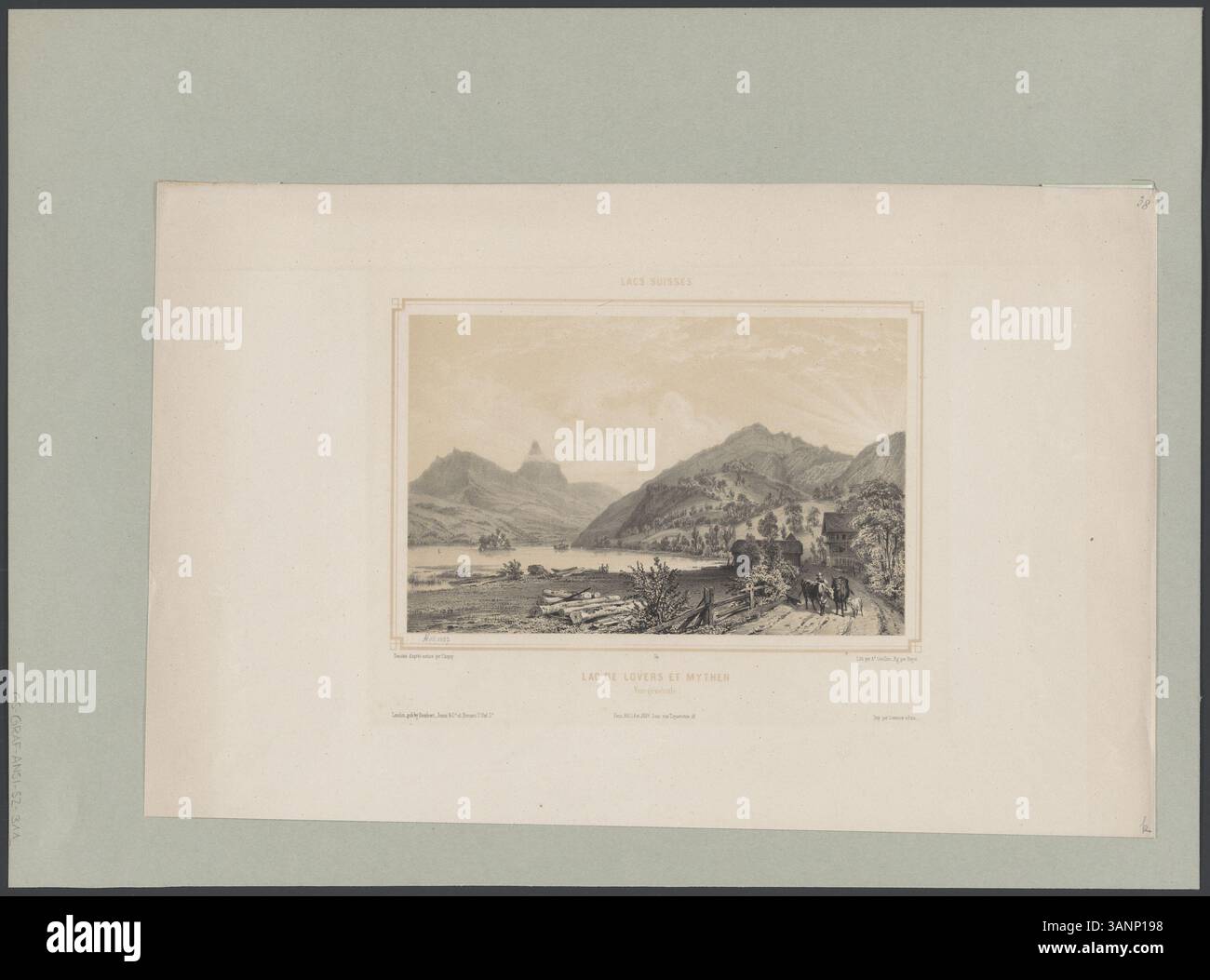 Litografia di Nicolas-Marie-Joseph Chapuy, creata tra il 1845 e il 1846, raffigurante il lago degli amanti e la catena montuosa di Mythen in Svizzera. L'immagine fa parte della collezione "Lacs Suisses", che sottolinea la grandezza naturale del paesaggio svizzero. Foto Stock