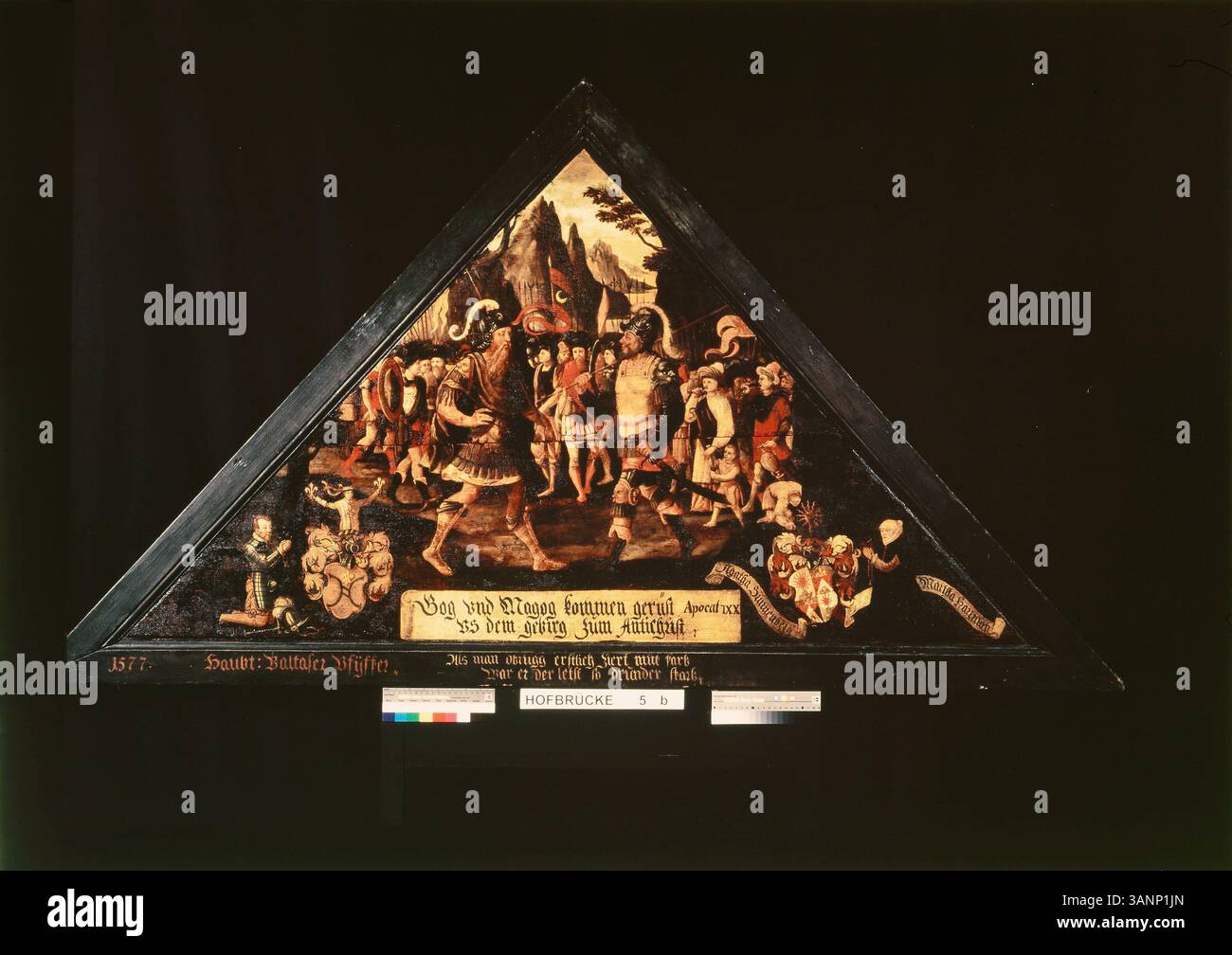 Il dipinto mostra Gog e Magog che si preparano alla battaglia sotto l'influenza dell'Anticristo. Il loro aspetto segna l'approccio del conflitto finale, come preannunciato nella profezia biblica riguardante la fine del mondo e l'ultima battaglia. Foto Stock