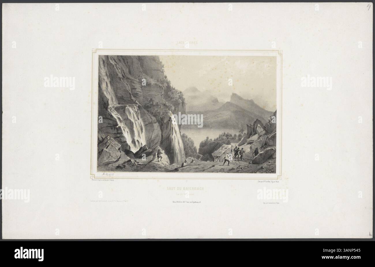 Questa litografia del XIX secolo ritrae i laghi svizzeri e i loro dintorni naturali, con la cascata Baierbach e il lago Vallenstat. Si basa sull'osservazione diretta dell'artista Nicolas-Marie-Joseph Chapuy. Foto Stock