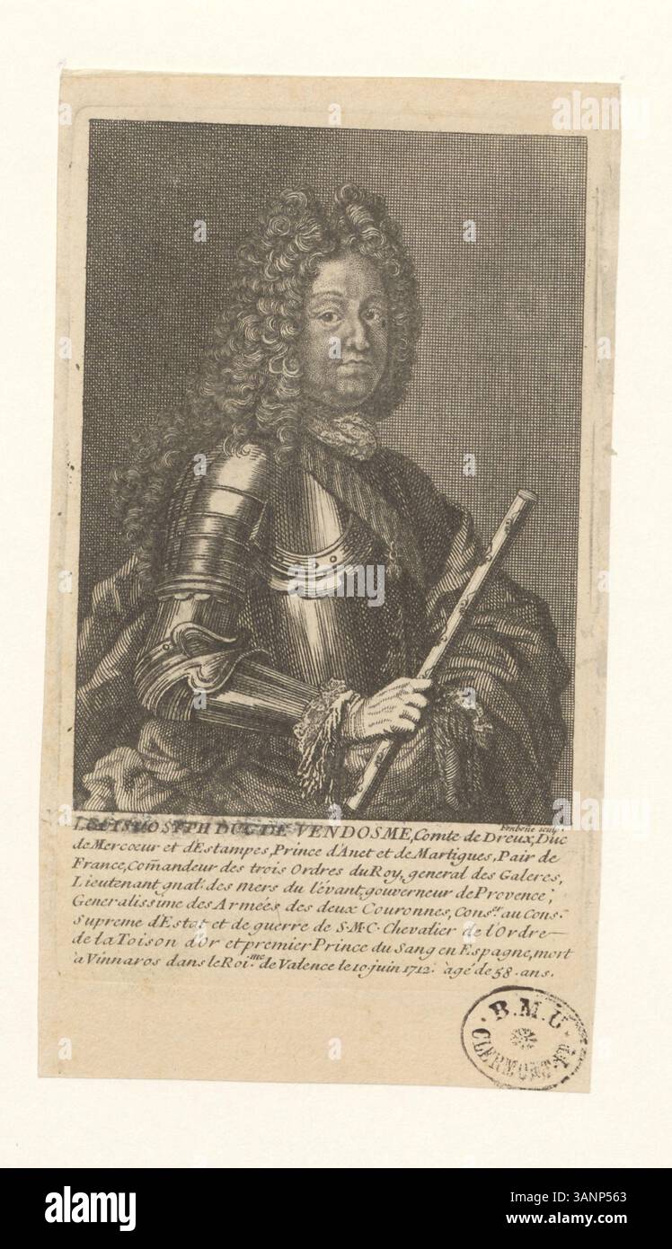 Questa stampa del 1794 intaglio raffigura Louis Joseph, Duc de Vendôme, che mette in evidenza i suoi numerosi titoli nobiliari e le sue conquiste militari. È stato creato come parte della collezione Boyer e funge da rappresentazione storica dettagliata del suo lignaggio e status. Foto Stock