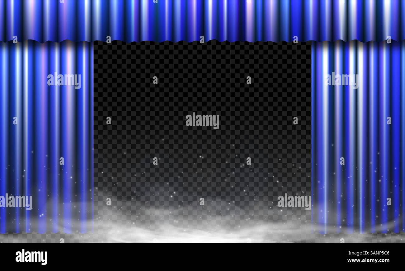 Realistica tenda blu aperta con scintille, nebbia ed effetto luce. Elegante tendaggio in velluto su sfondo trasparente. Perfetto per il cinema, la première di film o la presentazione di premi. Illustrazione vettoriale. Illustrazione Vettoriale