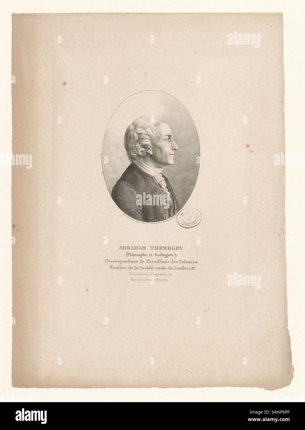 Questa stampa intaglio della collezione Boyer raffigura Abraham Trembley, un filosofo e zoologo svizzero, noto per i suoi studi scientifici, tra cui il suo lavoro sulla rigenerazione dell'idra. Foto Stock