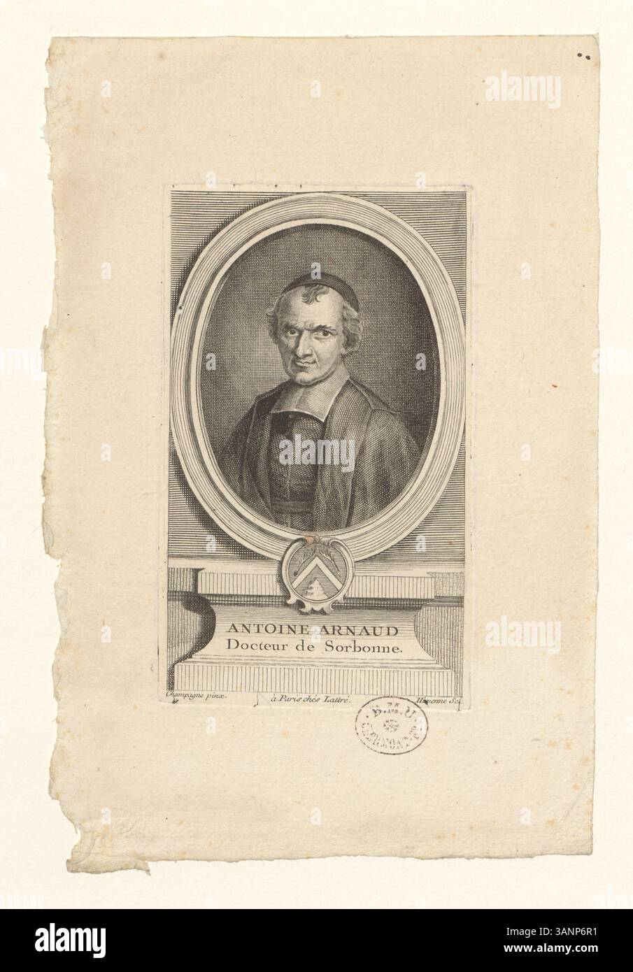 Una stampa intaglio della collezione Boyer, creata da Philippe de Champaigne, raffigurante Antoine Arnaud, un rinomato medico di teologia della Sorbona. La stampa cattura la sua importanza accademica e religiosa. Foto Stock