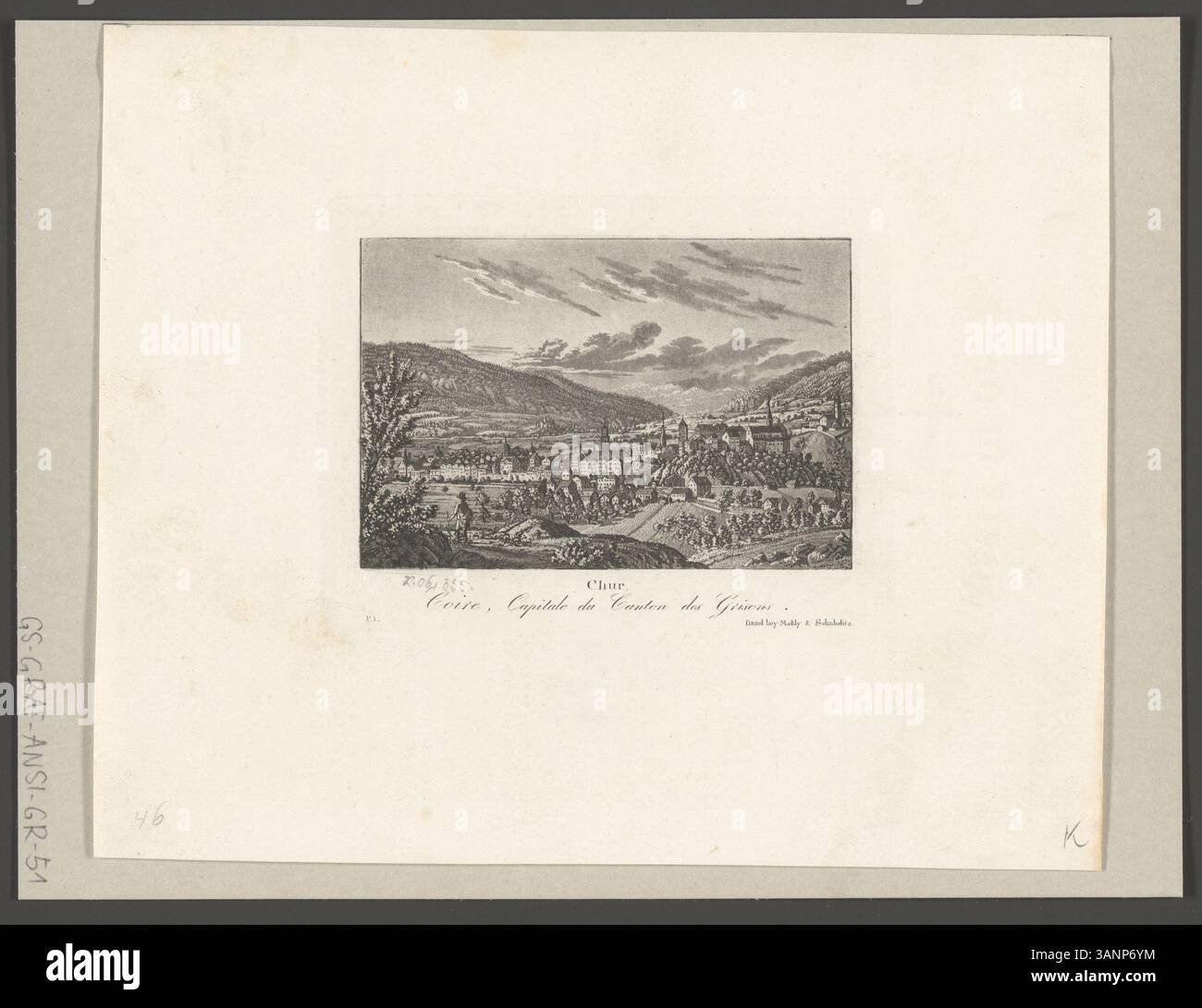 Una stampa raffigurante Coira, la capitale del Canton Grigioni, prodotta tra il 1834 e il 1841. Questo lavoro è stato pubblicato da Maehly & Schabelitz a Basilea, con tecniche di acquatinta e incisione. Foto Stock
