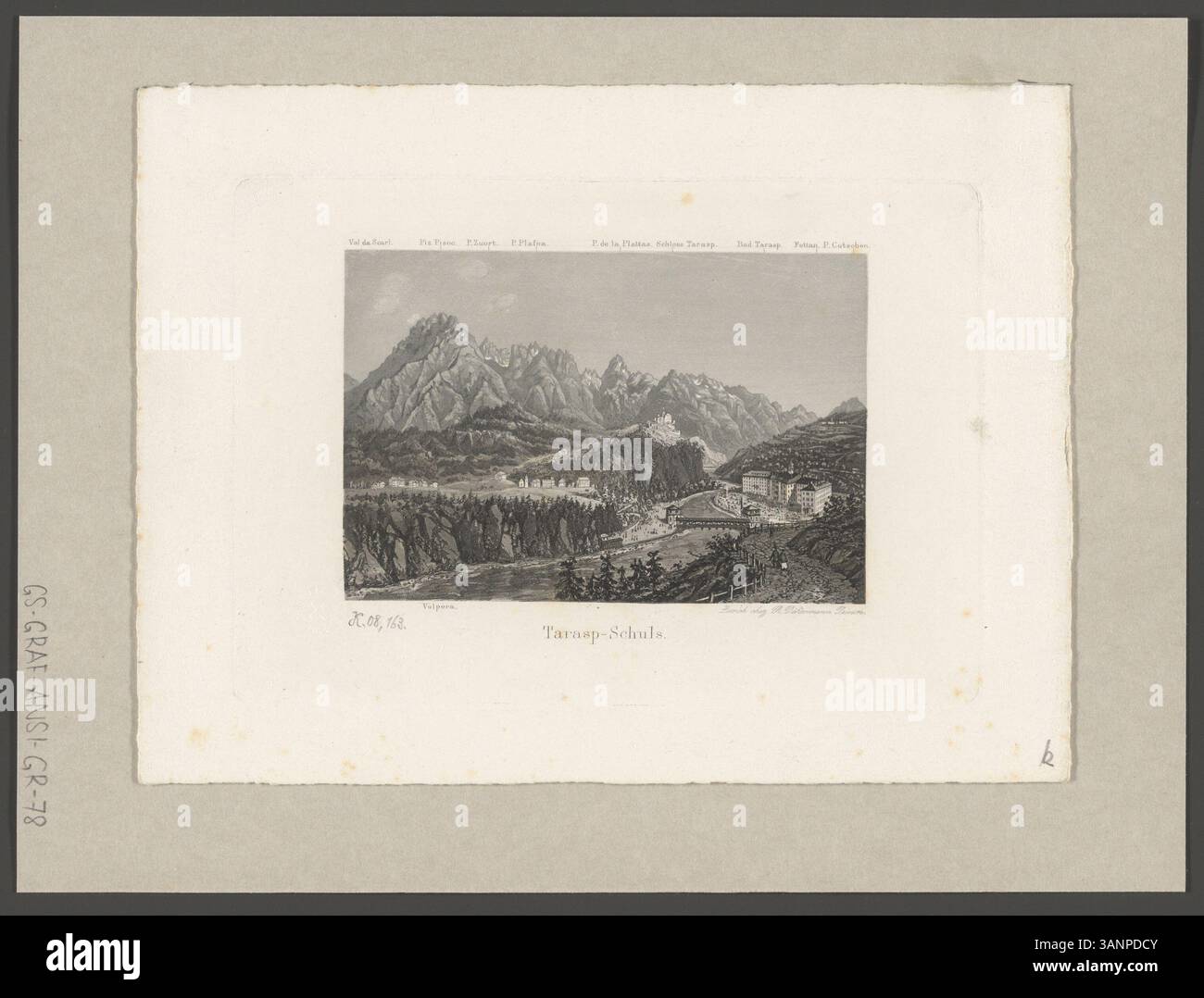 Stampa dopo il 1864 raffigurante la Val da Scarl, con vedute di Piz Pisoc, P. Zuort, P. Plafna e del Castello di Tarasp. L'acquatinta e l'acquatinta sono aumentati e acquerelli, pubblicati da R. Dikenmann a Zurigo. Foto Stock