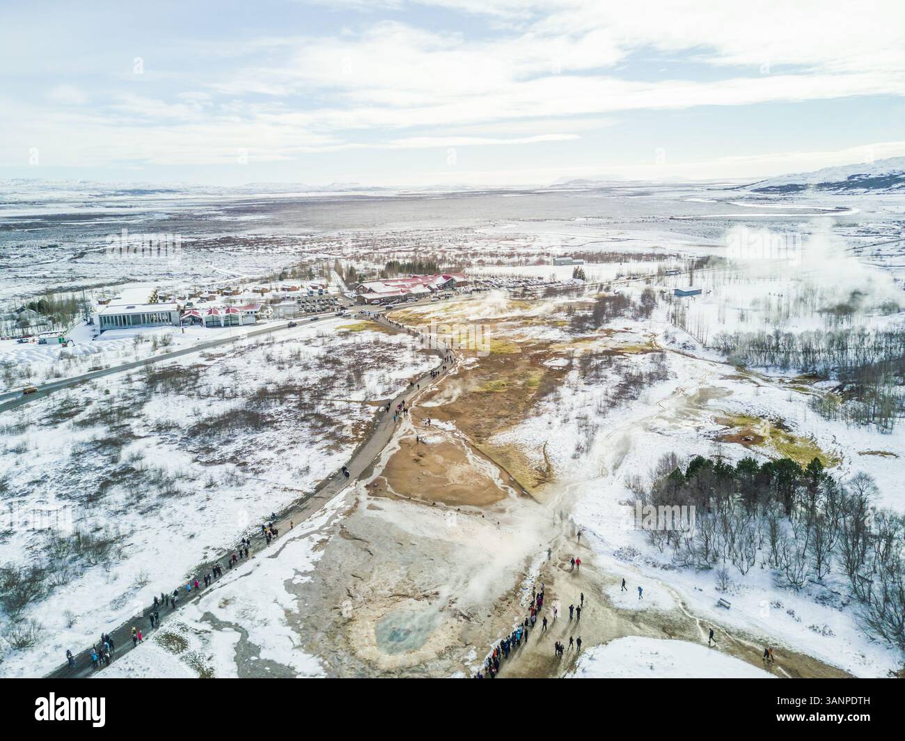 Vista aerea dell'area delle sorgenti termali di Geysir in islanda. Foto Stock