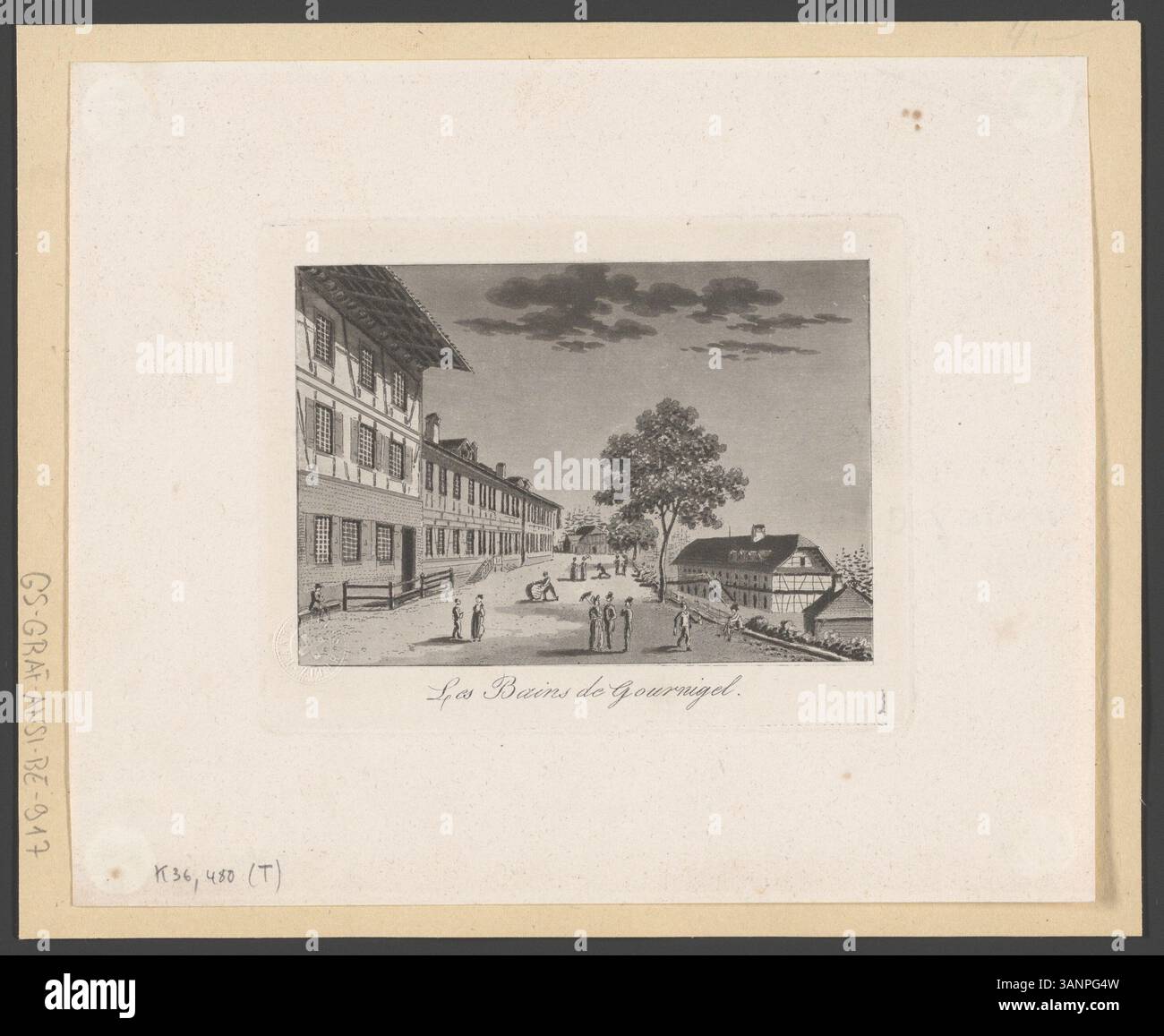 Una stampa acquatinta del XIX secolo raffigurante Les Bains de Gournigel, una città termale svizzera. Questa stampa dettagliata riflette il significato storico e culturale della zona, evidenziando la bellezza naturale e le proprietà curative. Foto Stock