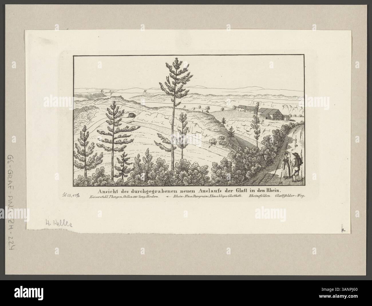 Questa incisione mostra lo sbocco del fiume Glatt nel Reno, raffigurando le aree circostanti di Kaiserstuhl e Thengen. La stampa risale al 1831 e presenta elementi topografici dettagliati. Foto Stock