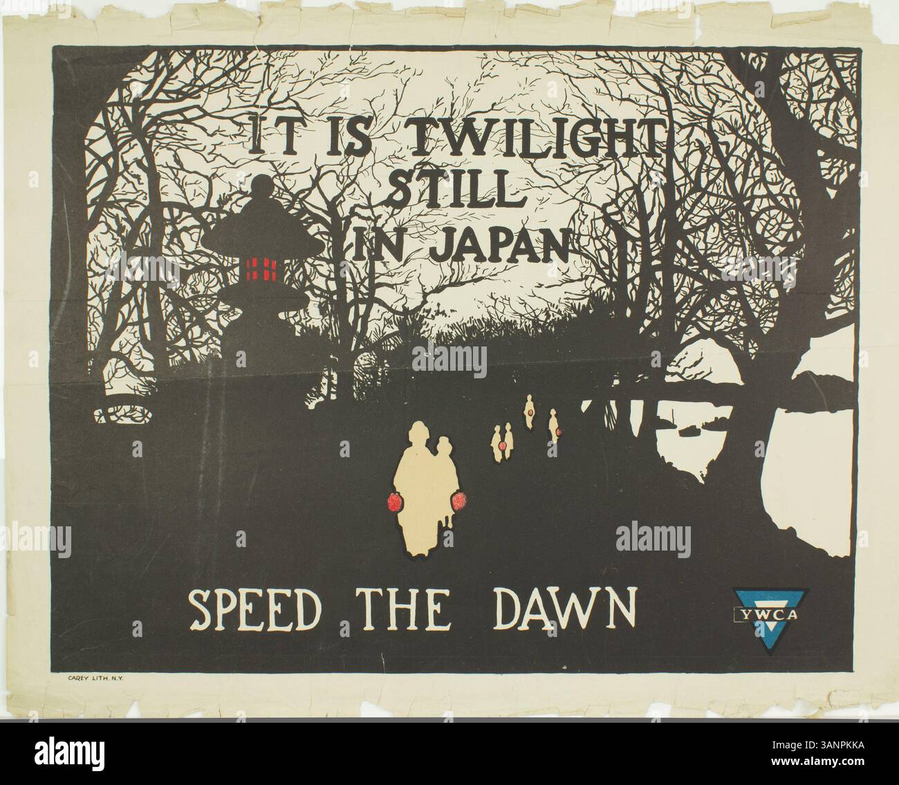 Poster intitolato "IT is Twilight Still in Japan; Speed the Dawn", creato tra il 1917 e il 1918. Il poster riflette l'atmosfera del Giappone dopo la prima guerra mondiale, simboleggiando speranza e cambiamento. Foto Stock