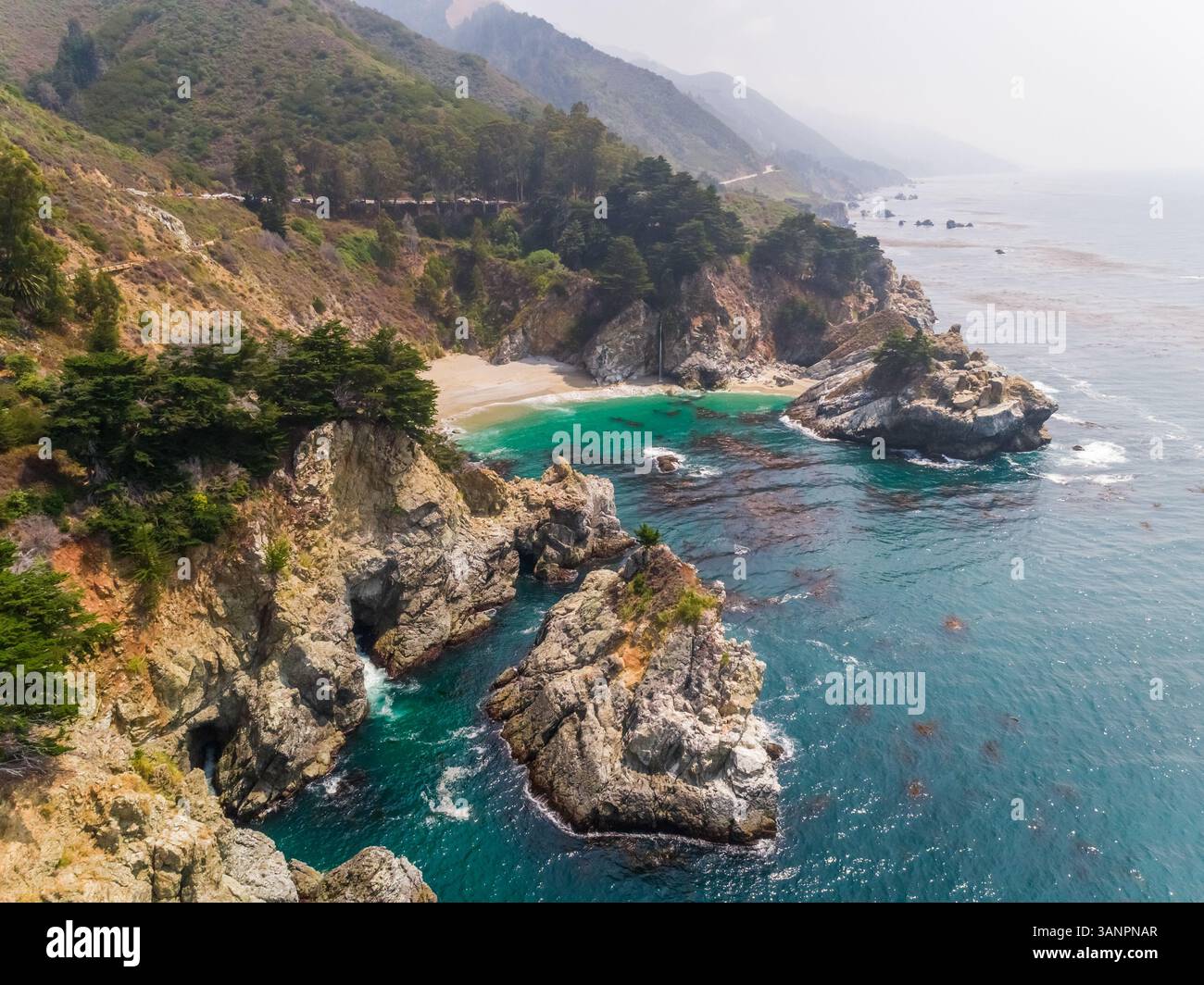 Vista aerea della formazione rocciosa costiera con una fitta foresta di pini, U.S.A. Foto Stock