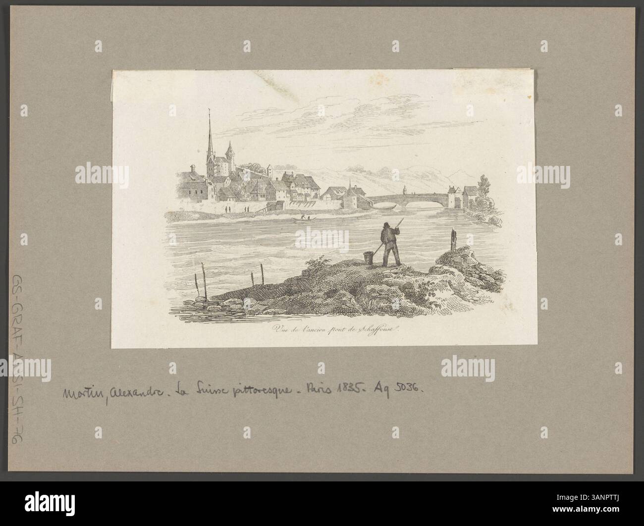 Un'incisione del 1835 di Alexandre Martin, raffigurante il vecchio ponte di Sciaffusa, in Svizzera, come parte della serie "la Suisse pittoresque", incentrata sui monumenti storici svizzeri. Foto Stock