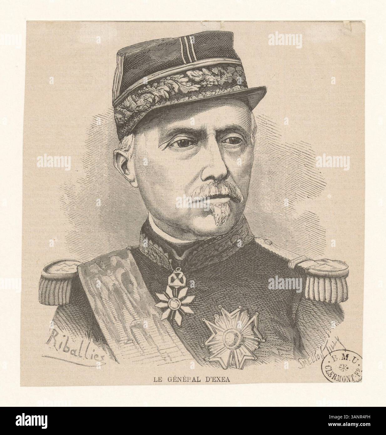 Questa incisione in legno della collezione Boyer raffigura Antoine-Achille d'Exéa-Doumerc, un generale francese noto per il suo servizio militare. Figura di spicco nella storia militare francese del XIX secolo, giocò un ruolo chiave in varie campagne militari. Foto Stock