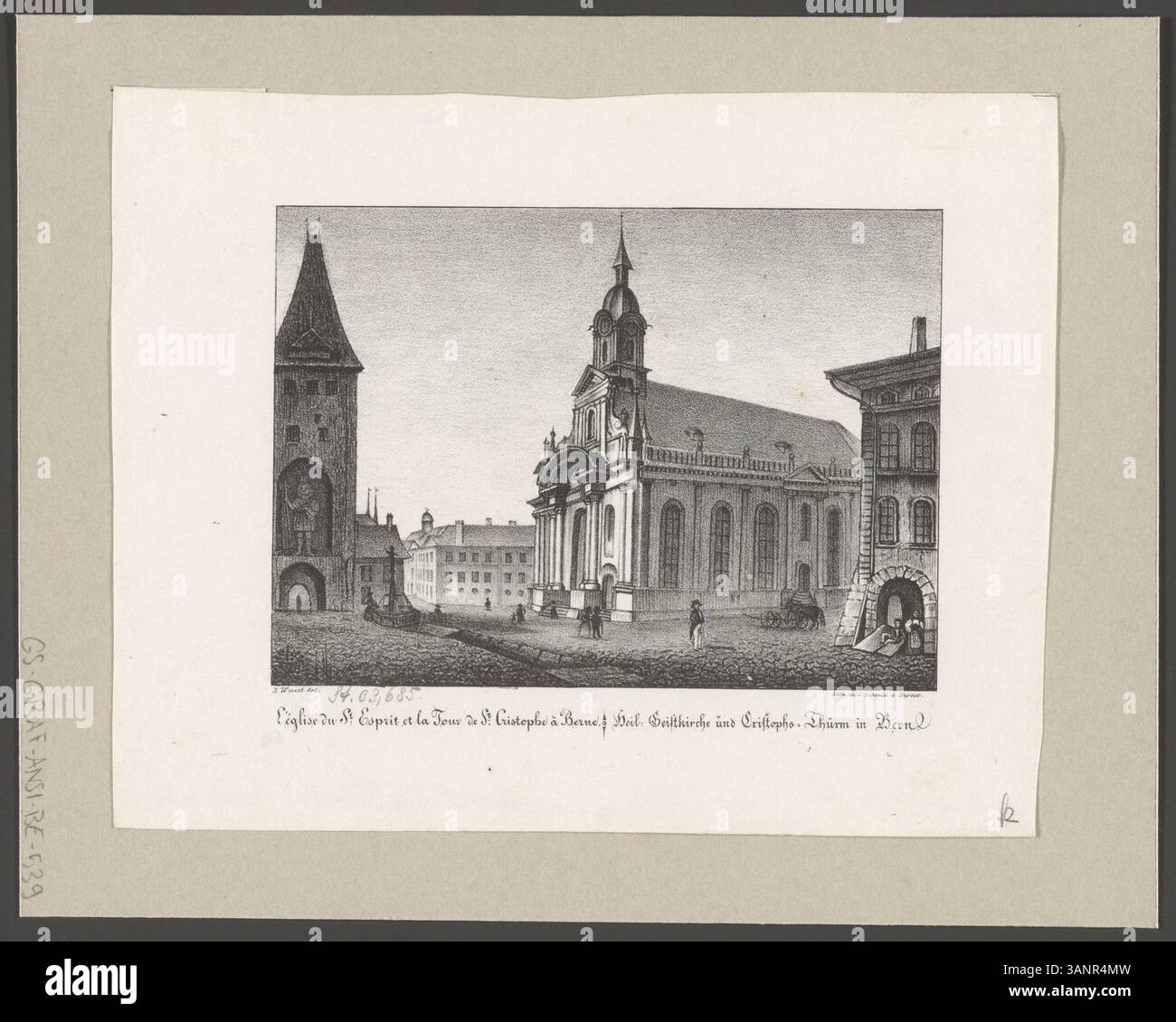 La litografia di B. Wuest, stampata da Jakob Schmid a Berna, presenta la chiesa di Sant'Esprit e la torre di San Cristoforo a Berna, in Svizzera. La stampa, creata nel XIX secolo, mostra un'architettura dettagliata e fa parte della collezione della Biblioteca Nazionale Svizzera. Foto Stock