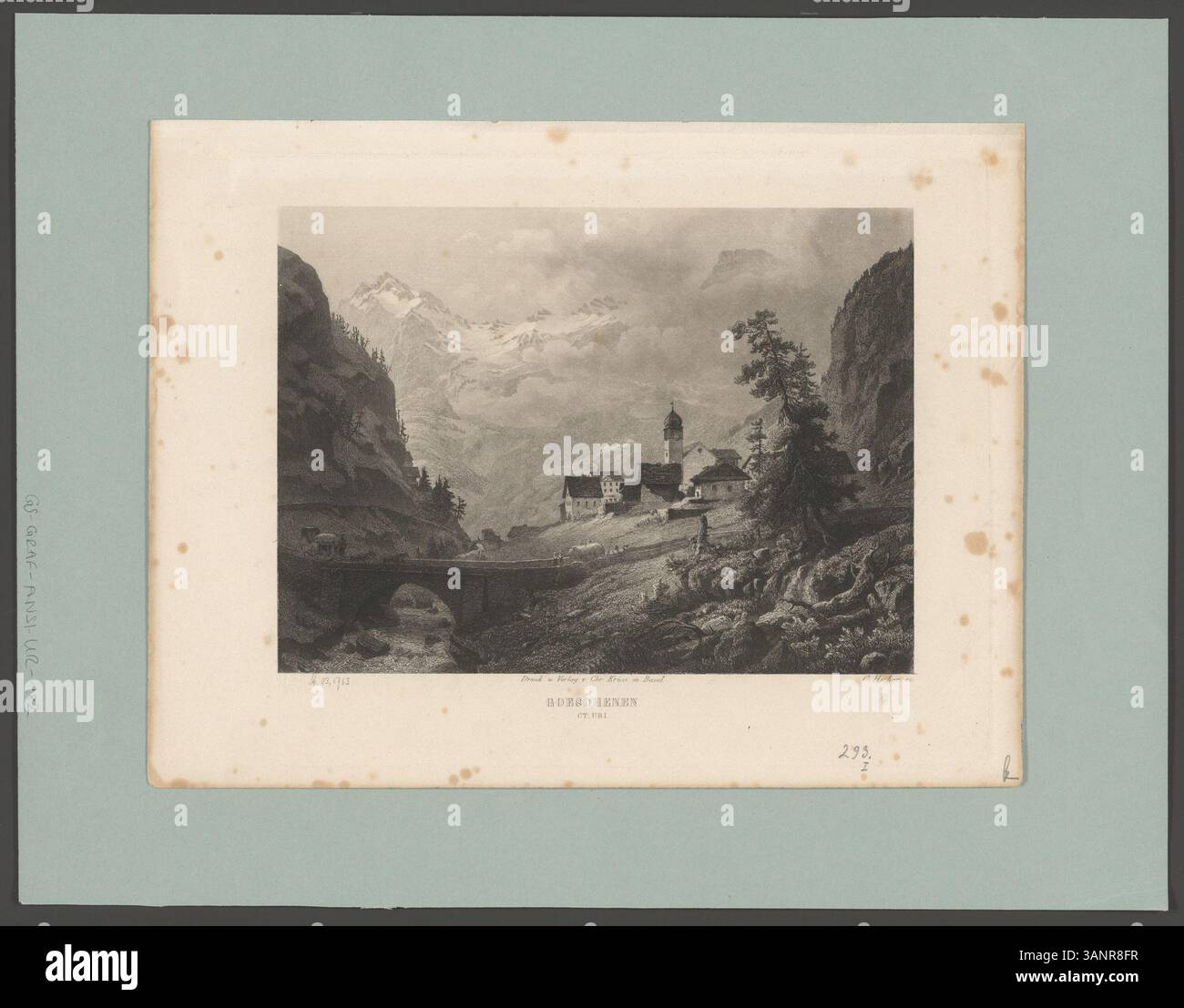 Questa incisione in acciaio del 1860 di Kaspar Ulrich Huber mostra la città di *Goeschenen* nel cantone di Uri, illustrando il paesaggio rurale svizzero e le regioni montuose. Foto Stock