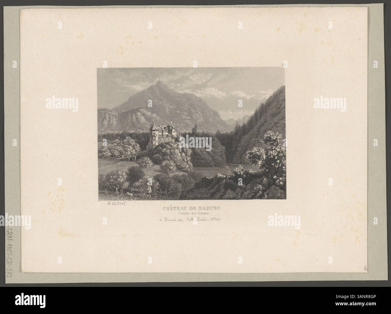 Questa acquatinta e incisione del 1850 circa raffigura il Château de Razuns nel cantone dei Grigioni. Pubblicato da J.H. Locher, fa parte della serie "Vue de la Suisse", che mostra il paesaggio svizzero. Foto Stock