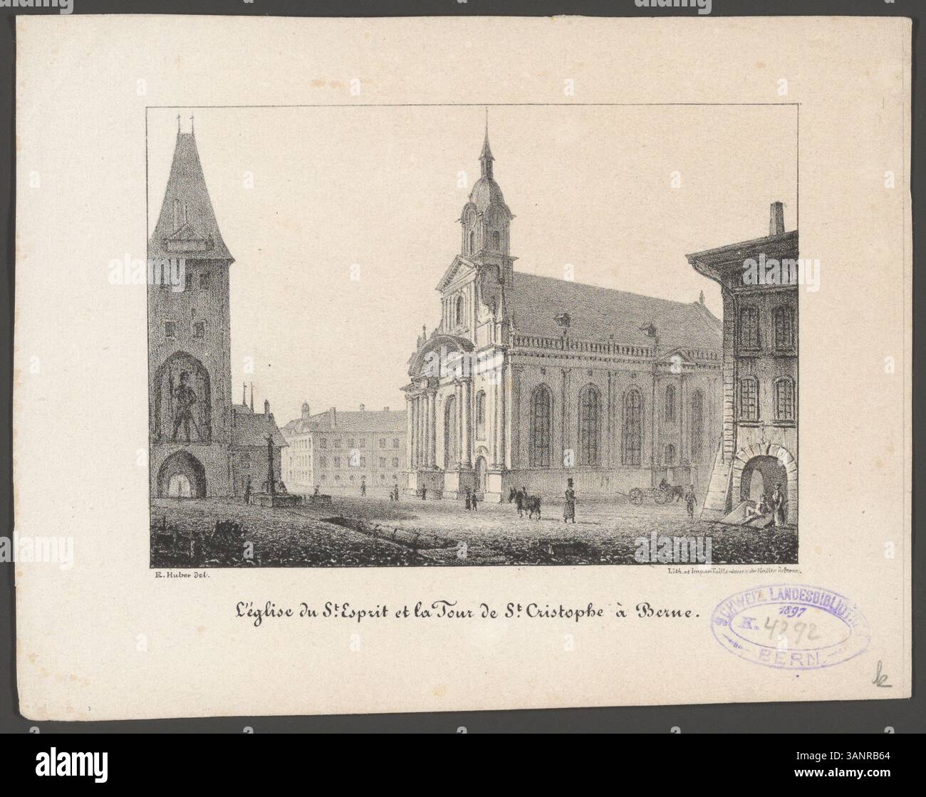 La litografia di Rudolf Huber, stampata da Haller a Berna, ritrae la chiesa di Sant'Esprit e la torre di San Cristoforo a Berna, in Svizzera. La litografia cattura i dettagli architettonici di queste strutture storiche. Foto Stock