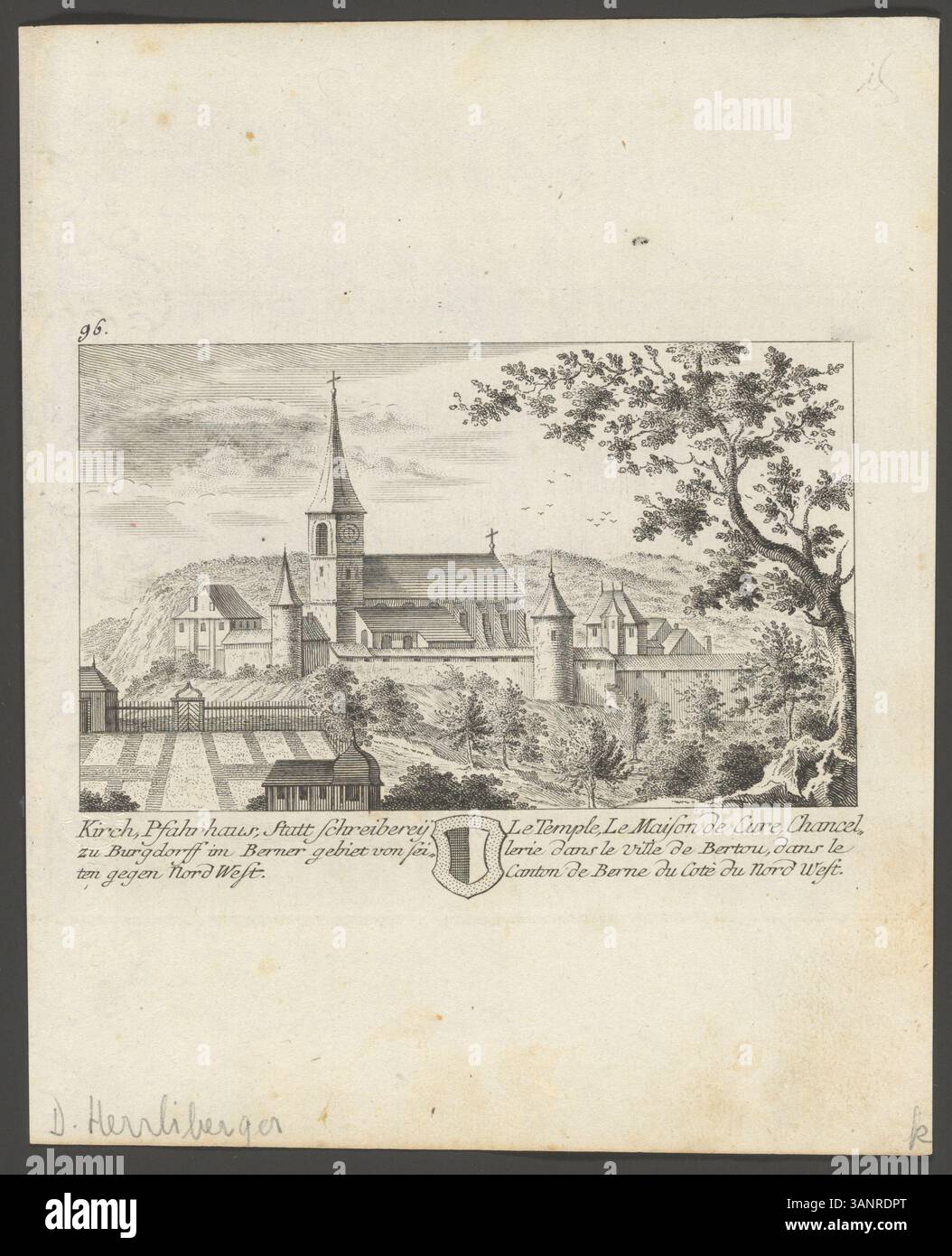 Stampa che mostra la chiesa, la casa delle cure e la cancelleria a Burgdorf, Berna Canton, da una prospettiva nord-occidentale. Fa parte di una serie topografica della regione. Foto Stock