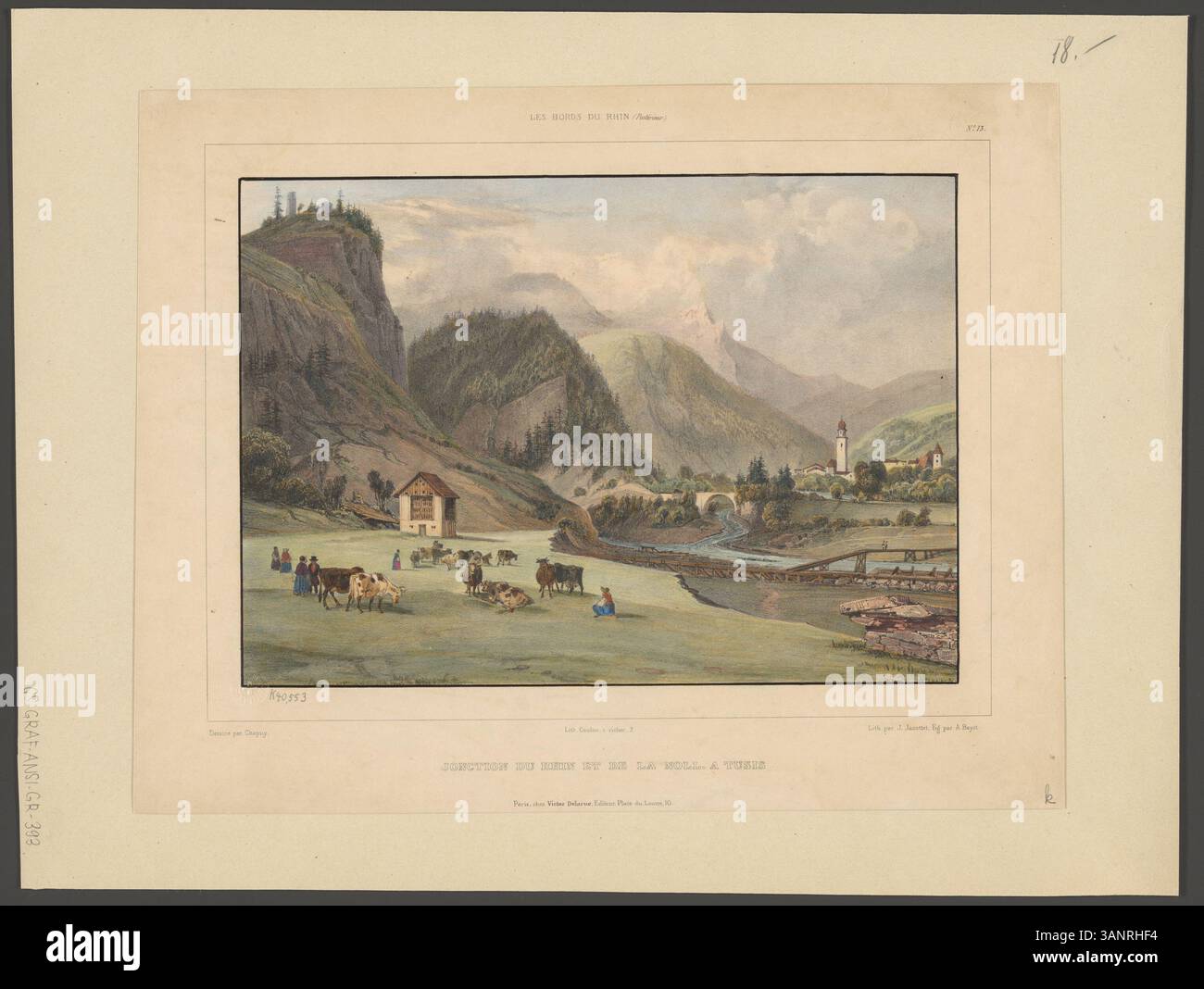 Incisione di Nicolas-Marie-Joseph Chapuy e Adolphe Jean-Baptiste Bayot del 1840 circa, raffigurante l'incrocio del fiume Reno con il fiume Noll in Svizzera. Foto Stock