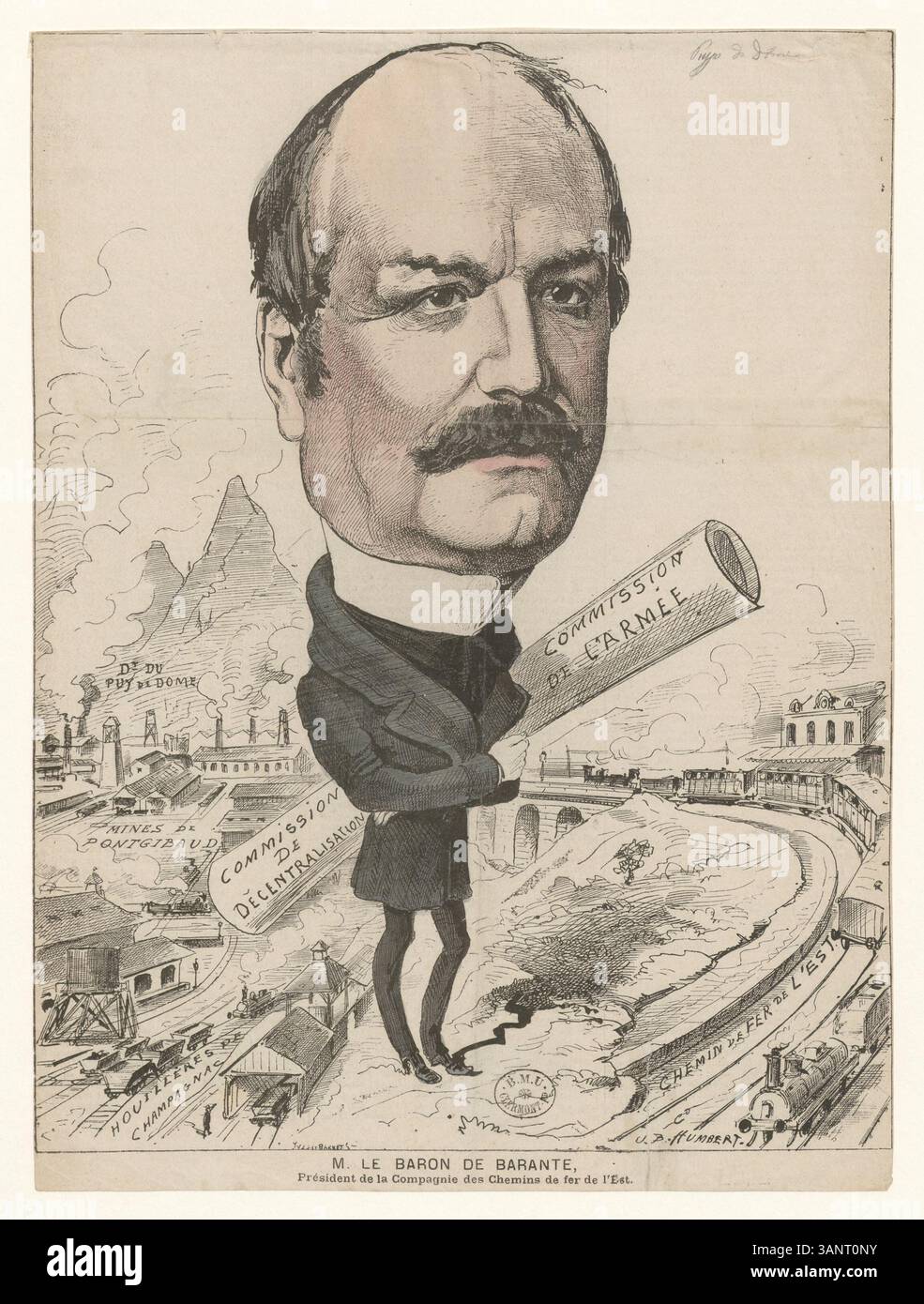 Incisione in legno del barone de Barante come presidente della compagnie des Chemins de fer de l'Est. Questa stampa mette in evidenza il suo ruolo nello sviluppo delle infrastrutture ferroviarie francesi. Foto Stock