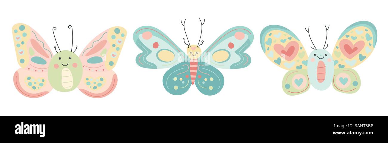 Tre farfalle pastello con volti allegri e ali decorate con il cuore sfrecciano giocosamente in una graziosa illustrazione a cartoni animati perfetta per la primavera e il giardino Illustrazione Vettoriale