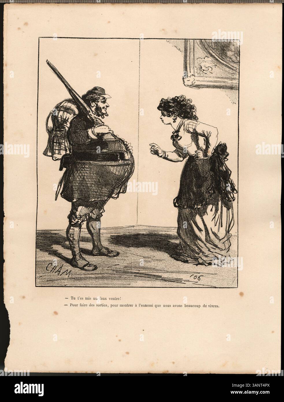 Questa stampa satirica del 1871 di Honoré Daumier, *tu t'es mis un faux ventre!*, critica umoristicamente la società francese durante la guerra franco-prussiana, da *album du Siège*. Foto Stock
