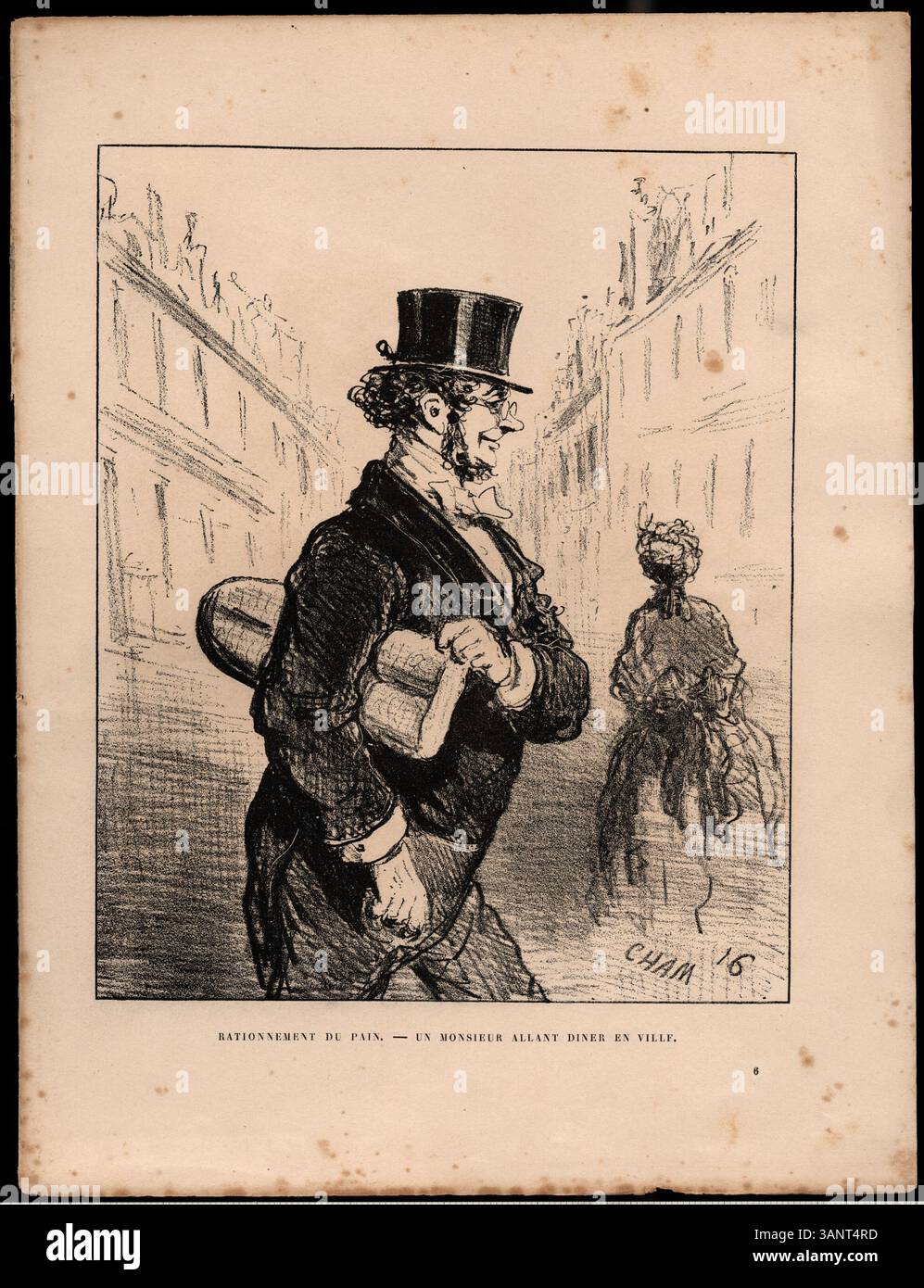 Una litografia di Honoré Daumier (1808-1879), intitolata "Rationnement du Pain", che raffigura un uomo che va in centro per cenare durante il razionamento del pane. La stampa proviene dalla serie album du Siège, datata 1871. Foto Stock