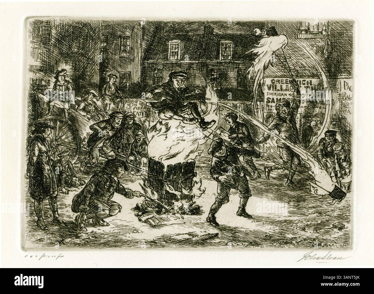 "Falò" di John Sloan, dipinto nel 1920, è una stampa vivida che cattura l'energia vivace di una scena falò. Questa opera è ospitata al Vanderbilt Museum of Art ed è un notevole esempio di incisione americana dei primi anni del XX secolo. Foto Stock