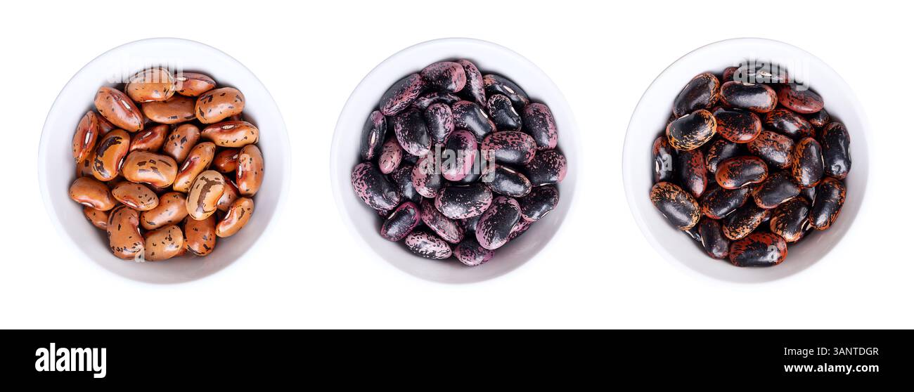 Tre varianti di fagioli scarlatti in ciotole bianche, isolati su bianco. Semi grandi di fagioli secchi, una varietà di Phaseolus coccineus. Foto Stock