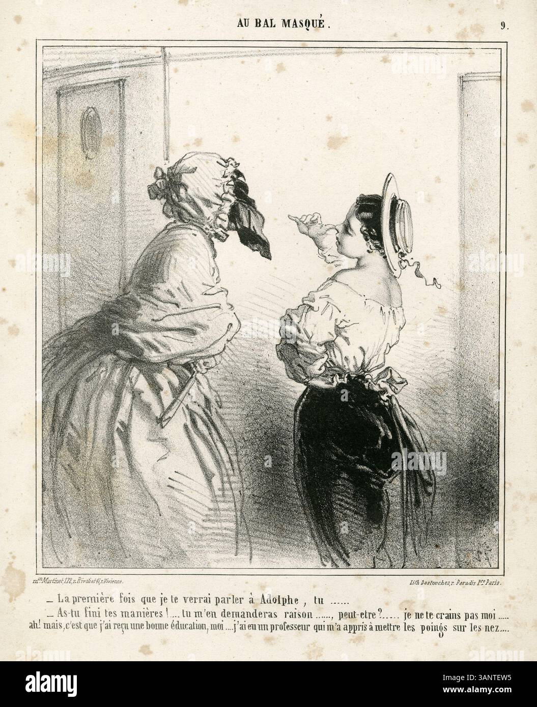 Una stampa del 1860 di Édouard de Beaumont della suite *Au Bal Masqué*, *la première fois que je te verrai* ritrae un momento intimo e drammatico, catturando un primo incontro tra due figure mascherate in un ballo in maschera, mostrando le interazioni sociali della società francese del XIX secolo. Foto Stock