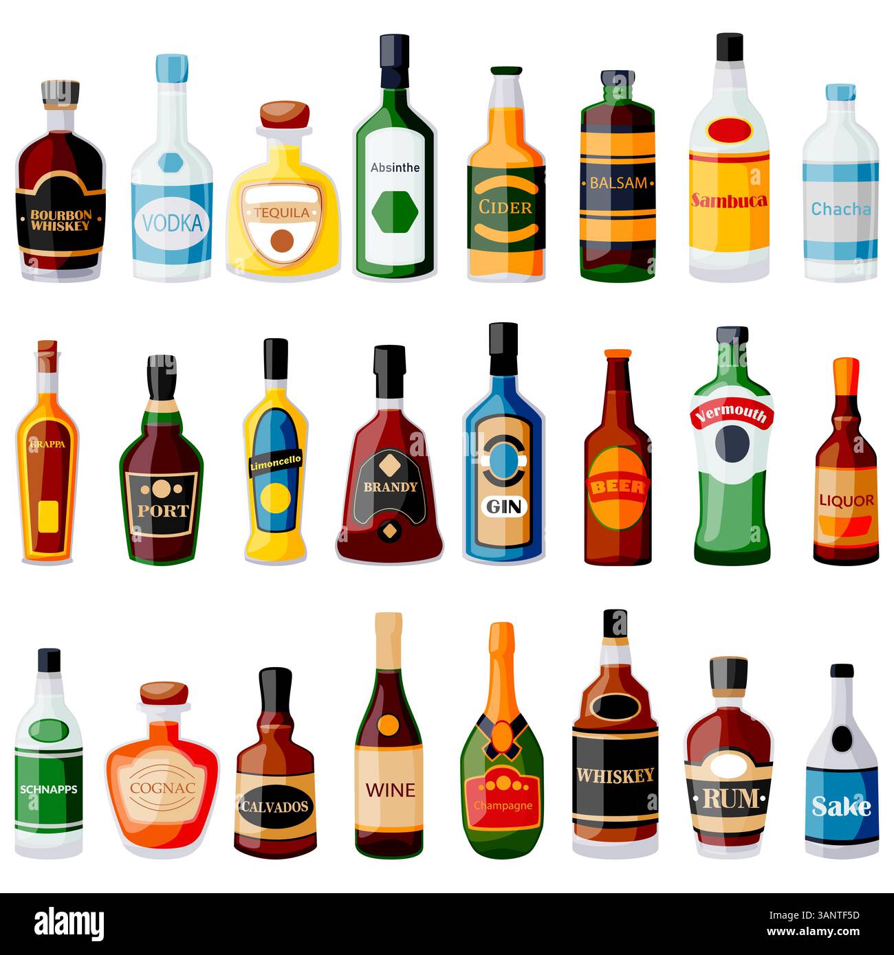 Icone delle bottiglie di bevande alcoliche, impostate isolate su sfondo bianco. Illustrazione di un cartone animato piatto vettoriale. Elementi di design del menu a barre Illustrazione Vettoriale