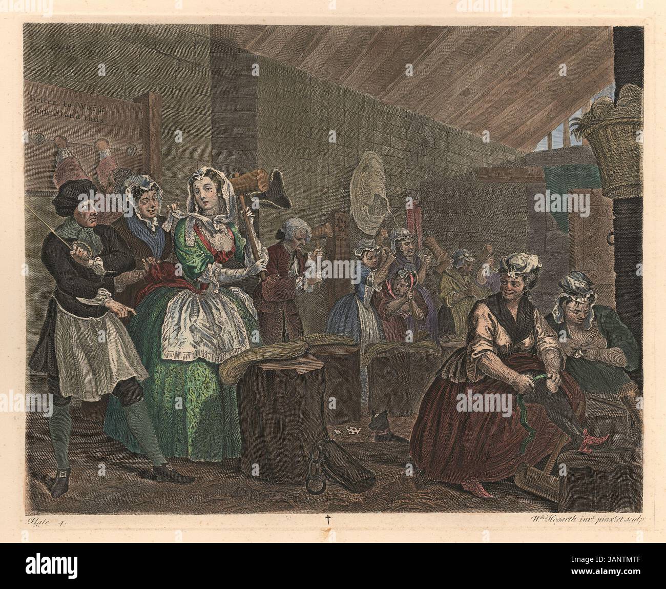 Questa stampa di William Hogarth, tratta dalla sua serie "A Harlot's Progress", raffigura una scena ambientata nella prigione di Bridewell. La serie critica le questioni sociali e morali del tempo, concentrandosi sulla vita di una donna che scende nella povertà e nel crimine. Foto Stock