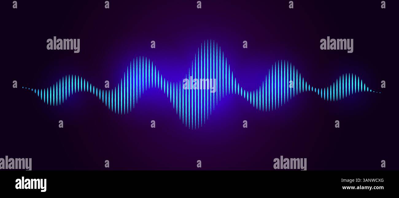 Onda sonora blu al neon su sfondo scuro, visualizzazione assistente vocale IA, equalizzatore onde sonore, illustrazione vettoriale Illustrazione Vettoriale