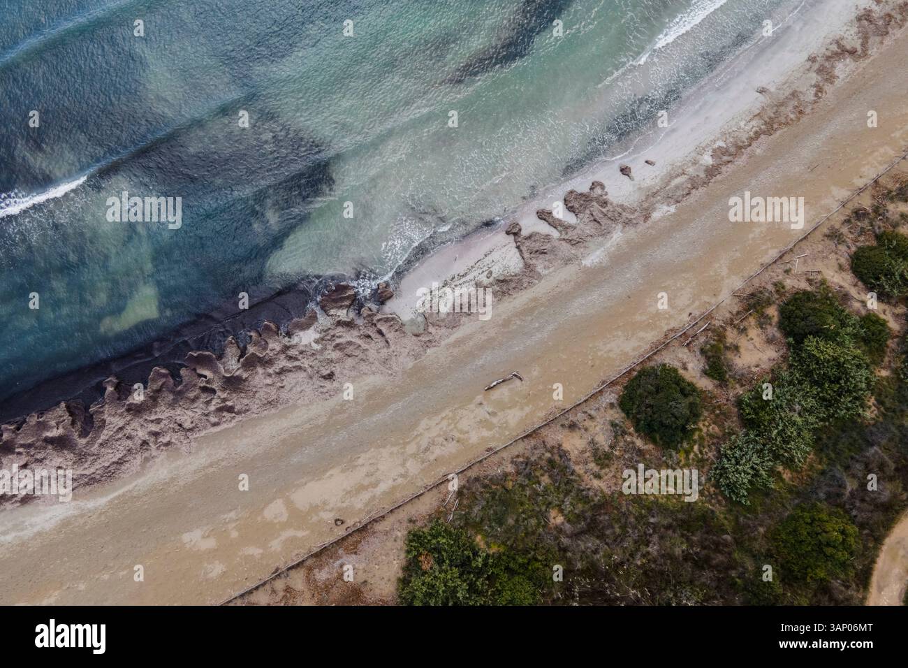 Vista aerea della spiaggia di Vendicari nella riserva naturale di Vendicari, noto, Siracusa, Sicilia, Italia. Foto Stock
