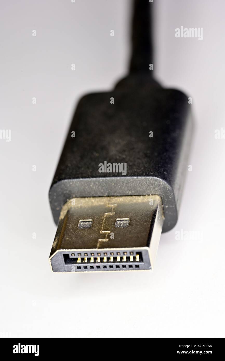 Connettore maschio DisplayPort per coputer e TV, spesso utilizzato nei prodotti Apple, per la trasmissione audio e video Foto Stock