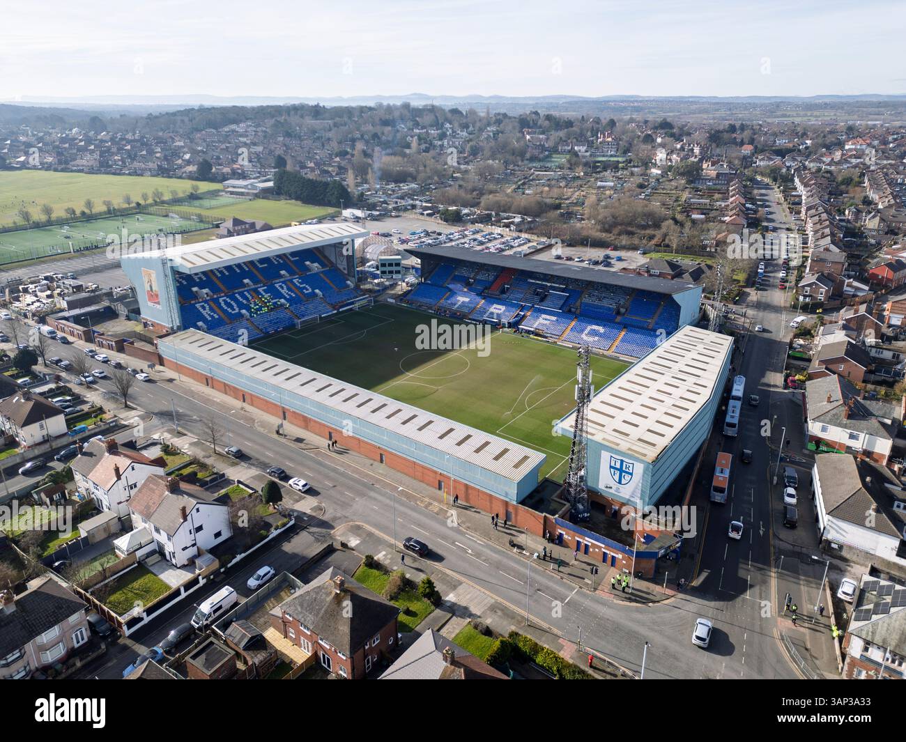 Campo di calcio di Prenton Park, sede della squadra di calcio dei Tranmere Rovers, Wirral, Inghilterra Foto Stock