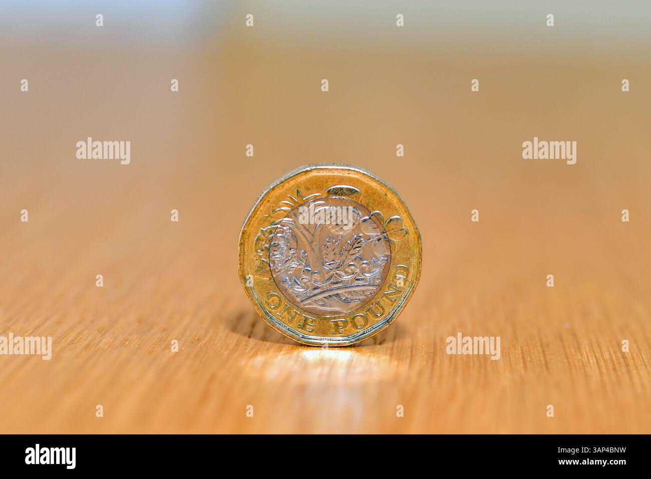 Una sola moneta inglese da una sterlina in piedi sul bordo di una scrivania Foto Stock