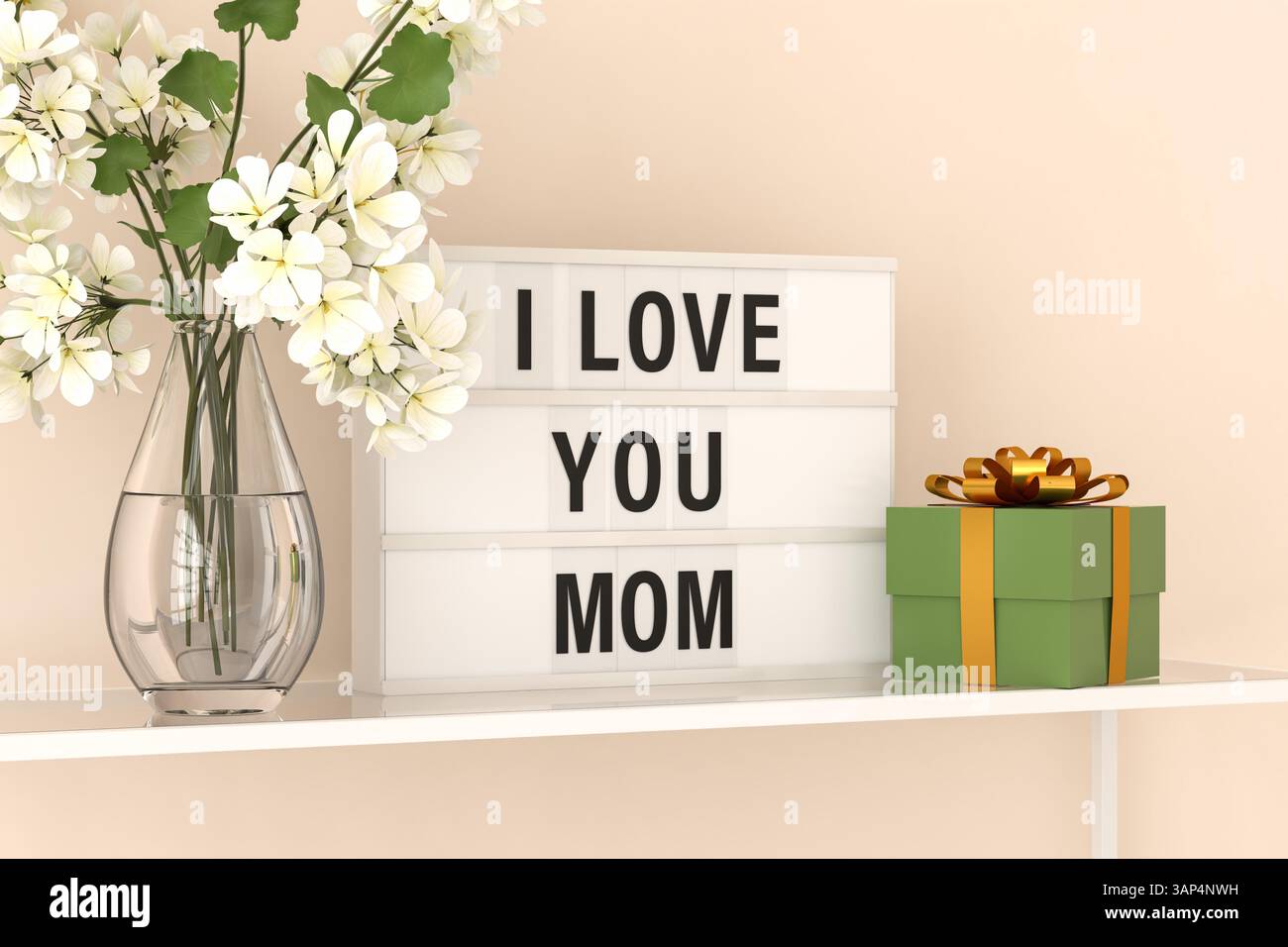 Una scatola luminosa con le parole "i Love you Mom" su uno scaffale con un bouquet di fiori di geranio in un vaso di vetro e una scatola regalo verde con costine dorate Foto Stock