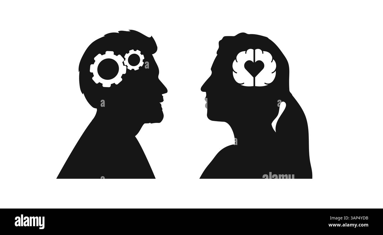 Due silhouette di donna con cuore e uomo con ingranaggi uno di fronte all'altro. Illustrazione Vettoriale