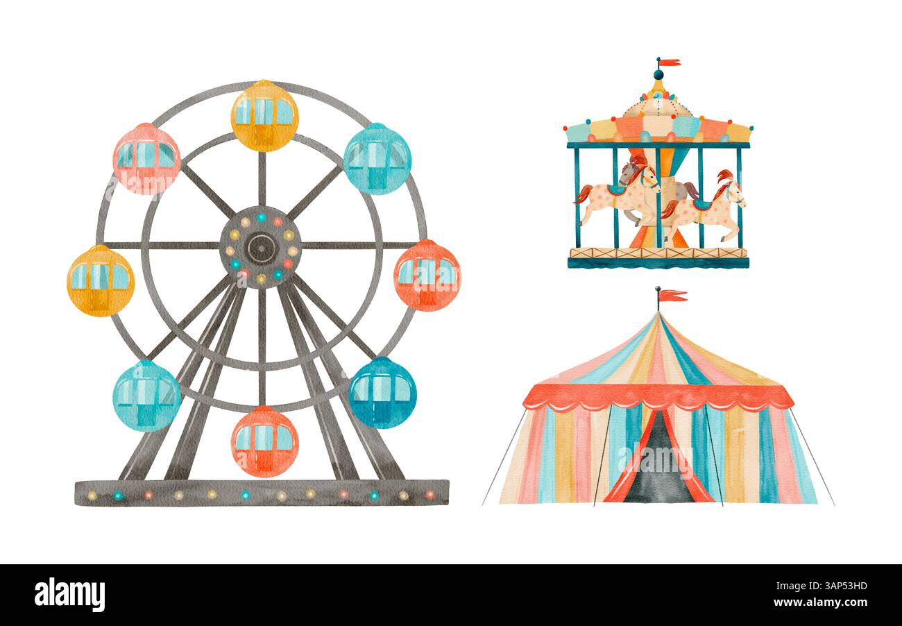 Colorate illustrazioni di carnevale, ideali per eventi ed eventi festivi che catturano momenti di gioia. Set di clip art colorate ad acquerello isolate disegnate a mano su sfondo bianco. Foto Stock