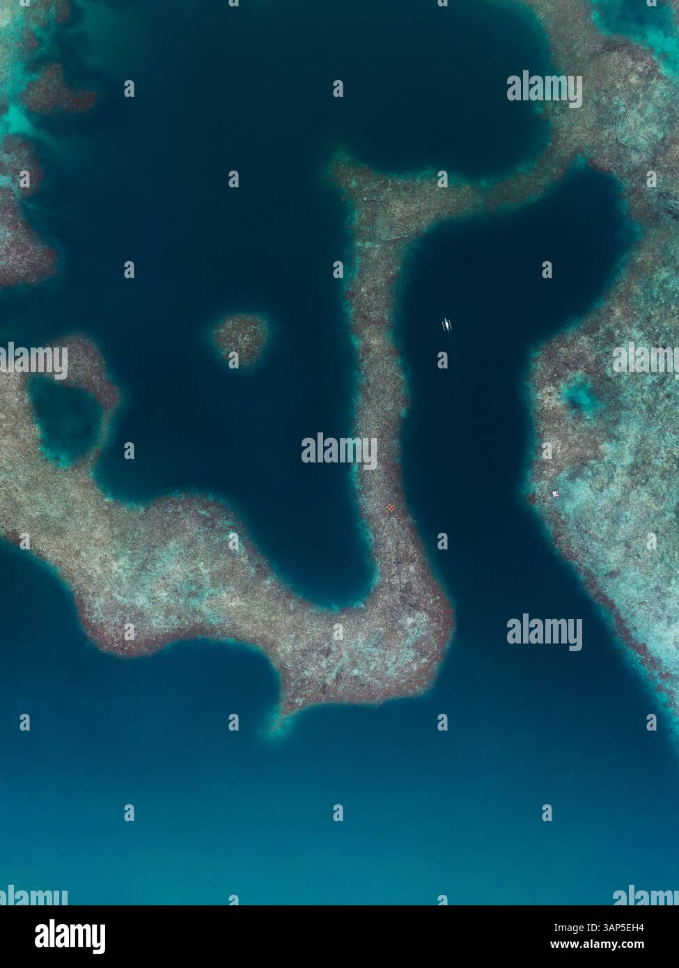 Veduta aerea di un catamarano che naviga sulla costa della Laguna Blu di Sugba nell'isola di Siargao, Filippine. Foto Stock