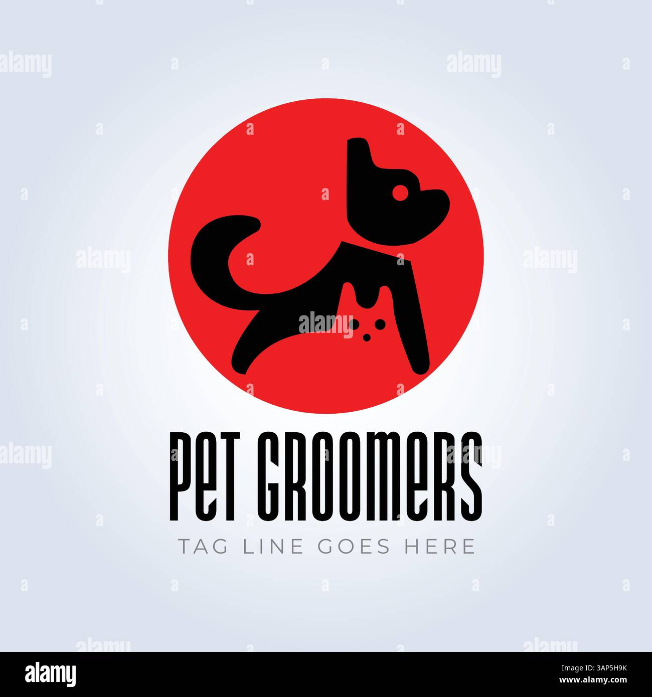 Modello del logo PET Groomers Company, negozio di animali domestici o caffetteria per gatti, parrucchiere per animali, sfondo astratto Illustrazione Vettoriale