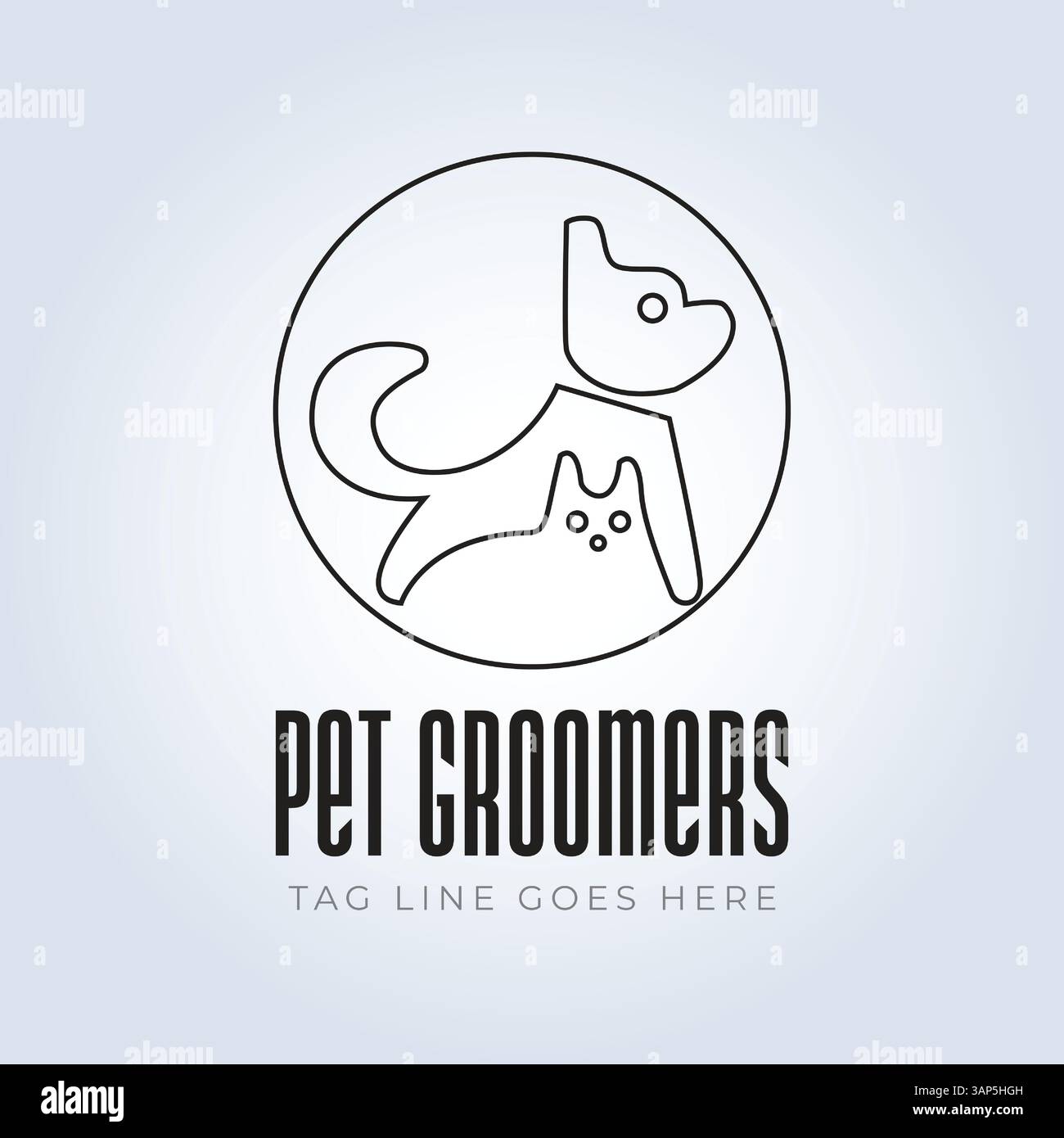 Modello del logo PET Groomers Company, negozio di animali domestici o caffetteria per gatti, parrucchiere per animali, sfondo astratto Illustrazione Vettoriale