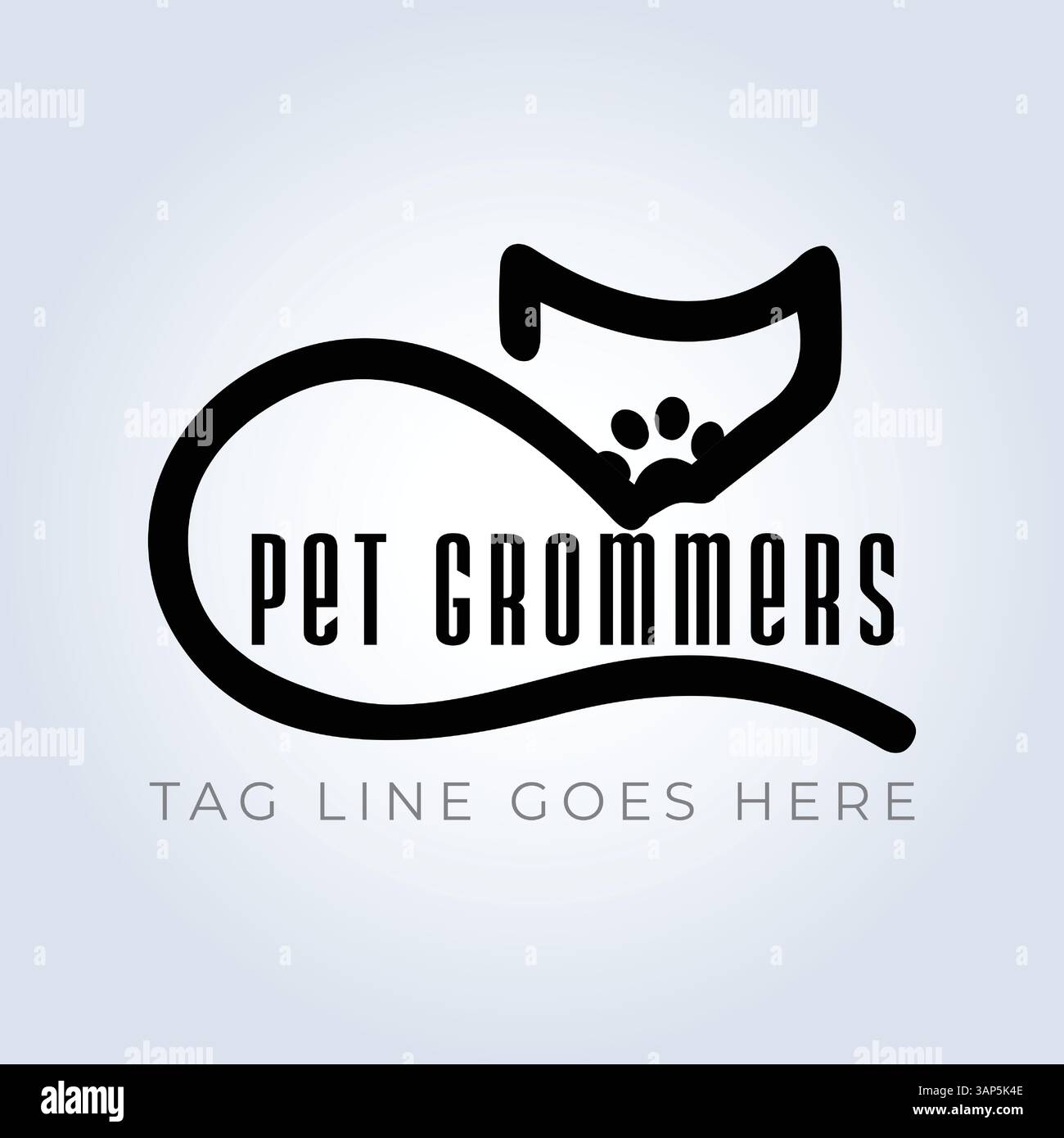 Modello logo PET Groomers Company, tema unico, riparo per animali, sfondo astratto Illustrazione Vettoriale