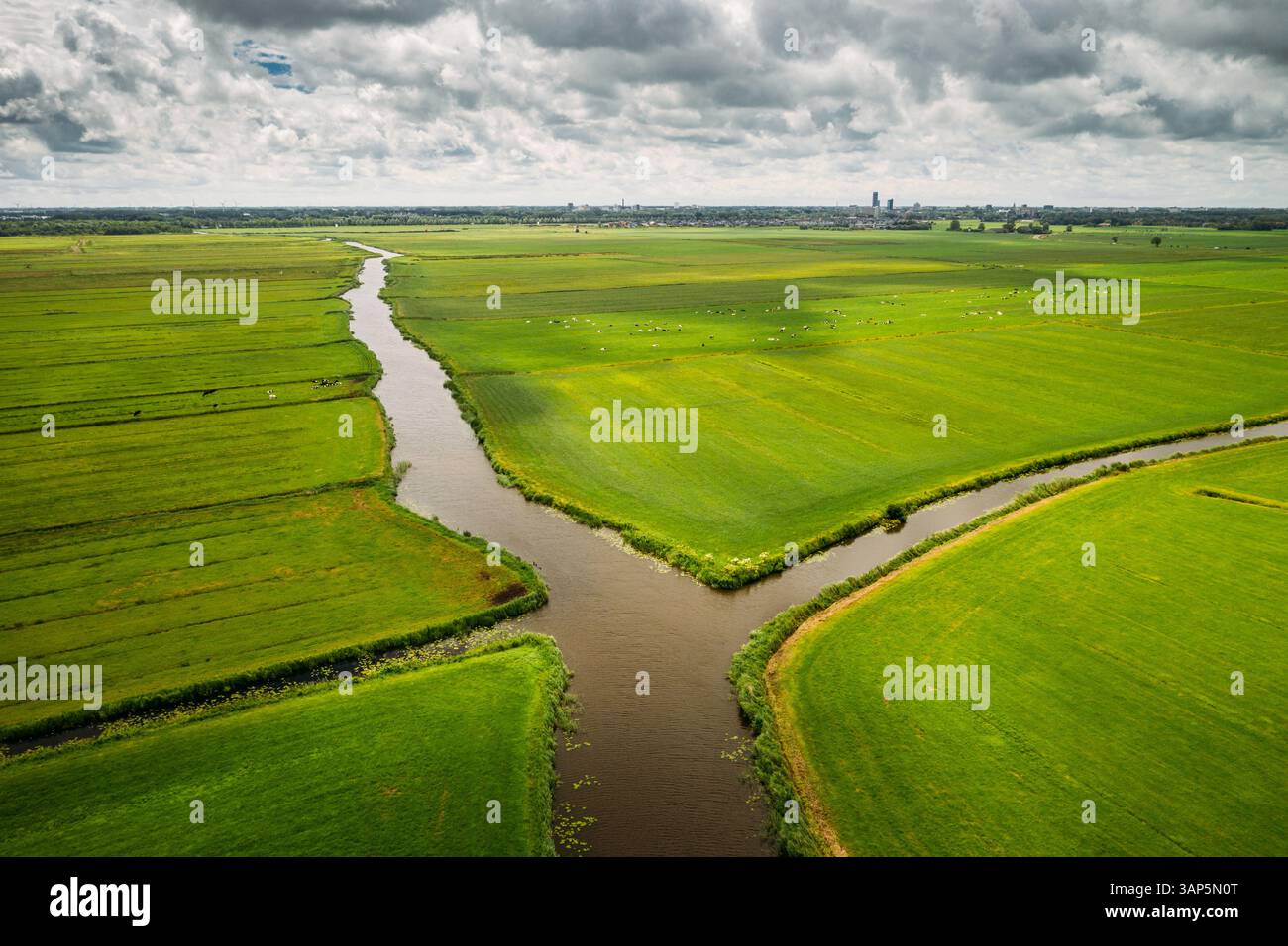 Vista aerea dei canali attraverso il campo agricolo intorno a Leeuwarden, Frisia, Paesi Bassi. Foto Stock