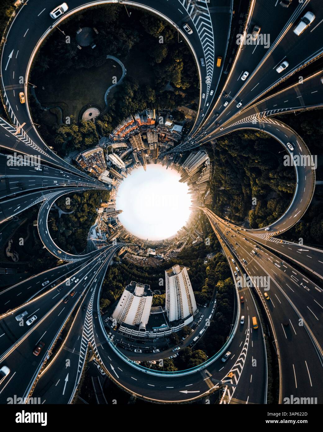 Vista aerea a 360 gradi dell'intersezione stradale di Shanghai, Cina. Foto Stock