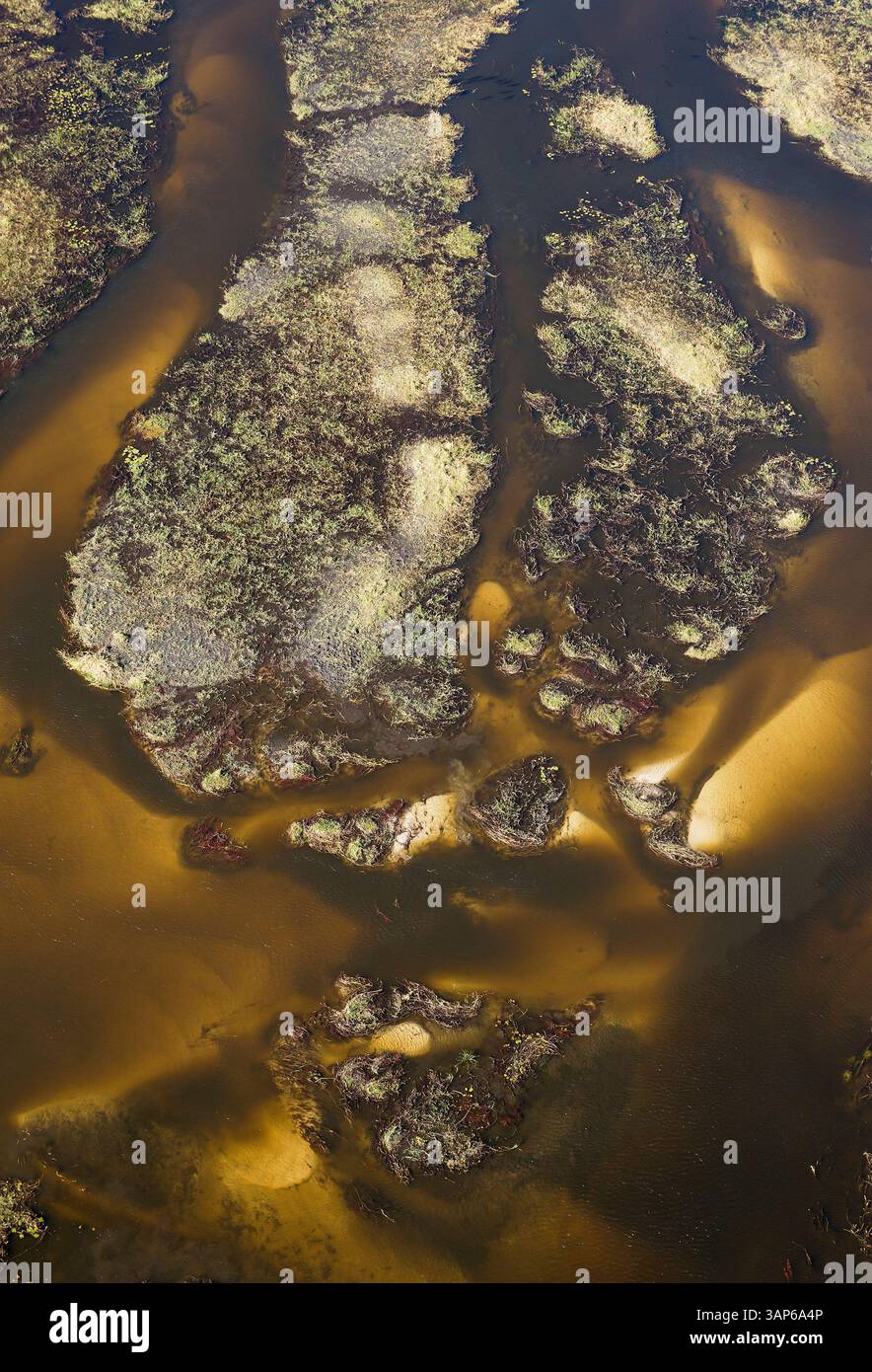 Vista aerea del fiume Gomoti con i suoi canali, le isole e la palude di acqua dolce adiacente, il Delta dell'Okavango, la riserva di Moremi, il Botswana. Foto Stock