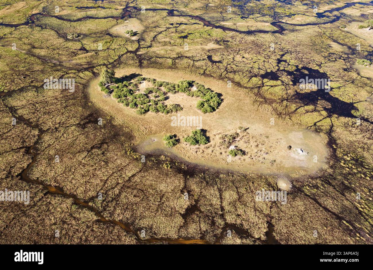 Vista aerea del fiume Gomoti con i suoi canali, le isole e la palude di acqua dolce adiacente, il Delta dell'Okavango, la riserva di Moremi, il Botswana. Foto Stock