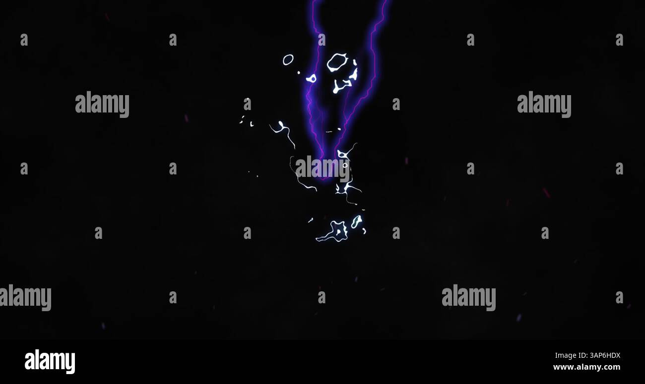 Immagine di un lampo viola brillante e di una luce liquida bianca brillante su sfondo nero Foto Stock